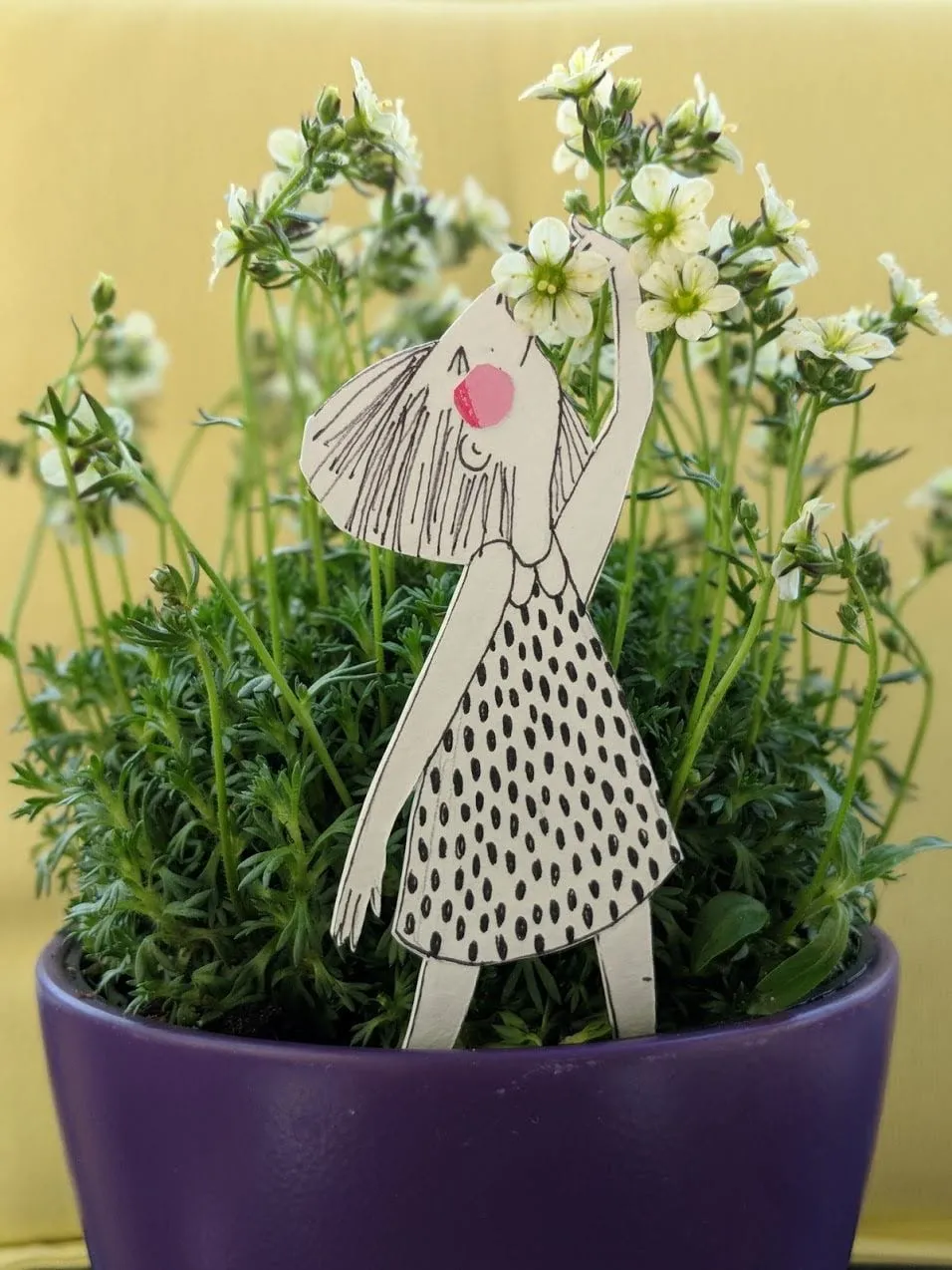 Paper cut-out girl in a polka-dot dress reaching up to sniff white saxifrage blooms in a purple pot