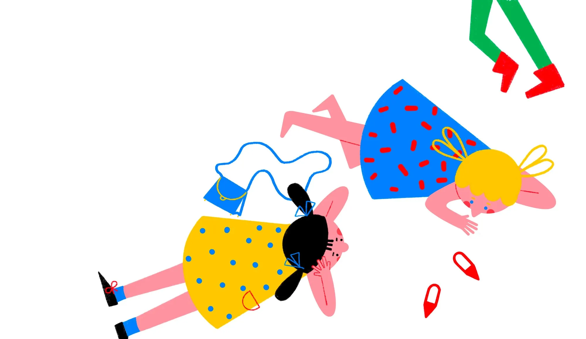 Seen from above, two girls sprawl on white ground, red shoes kicked off and a blue bag beside them