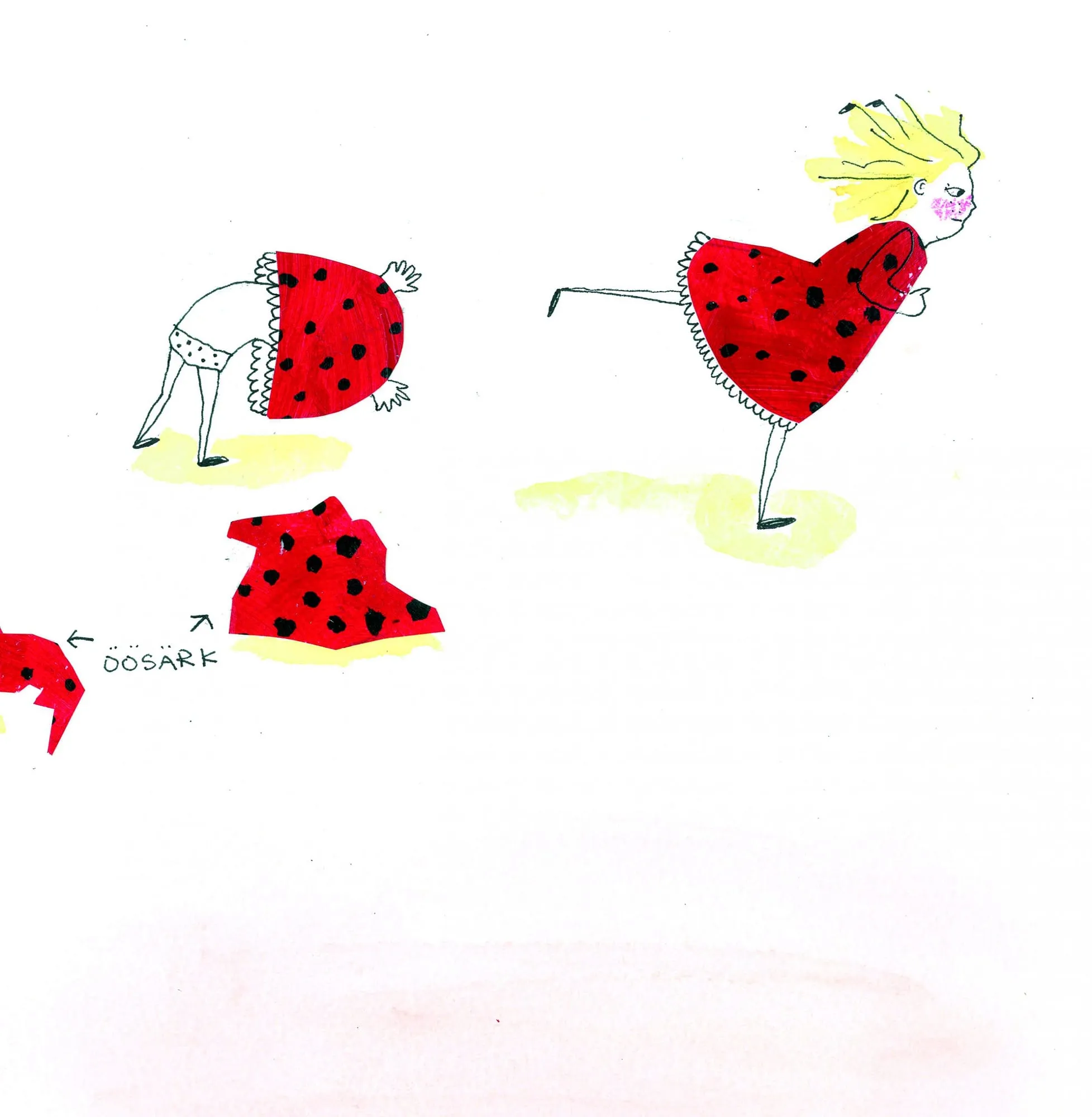 A girl wriggles out of a red spotted nightshirt, then races off in another dotted dress
