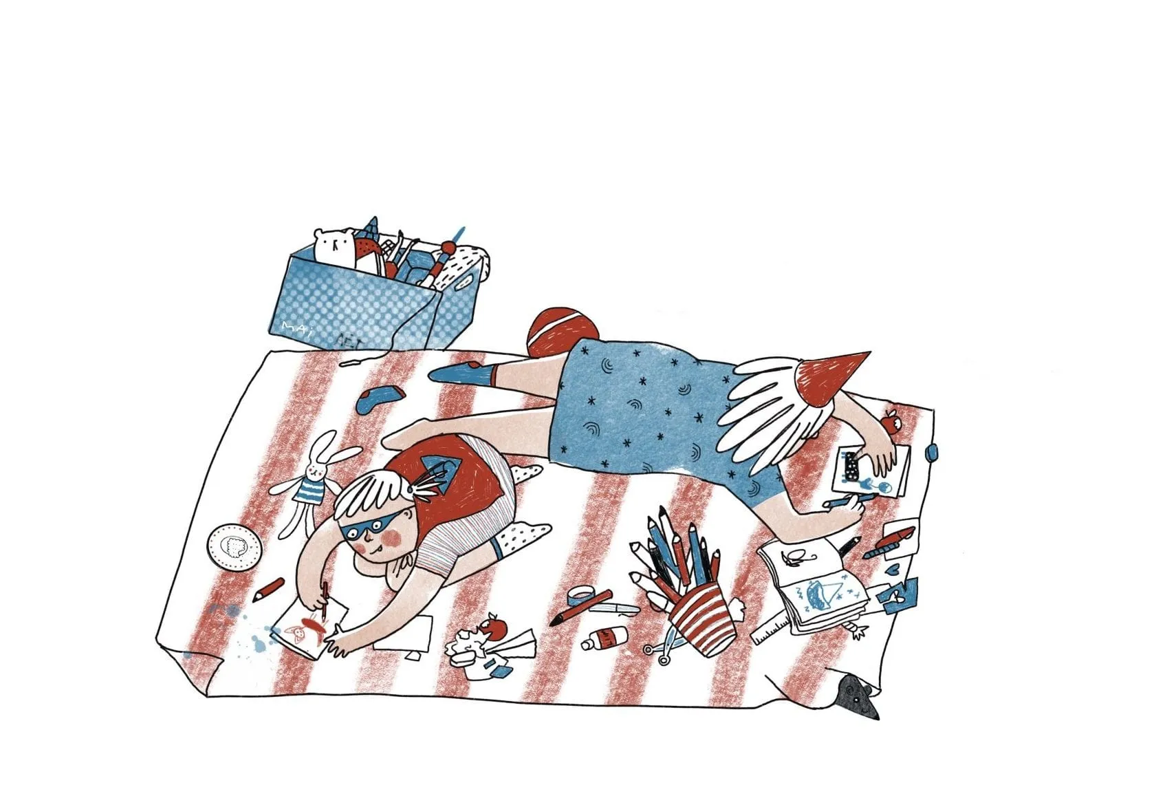 Two children lie on a red-striped rug drawing cards, surrounded by coloured pencils, a toy box and a soft rabbit