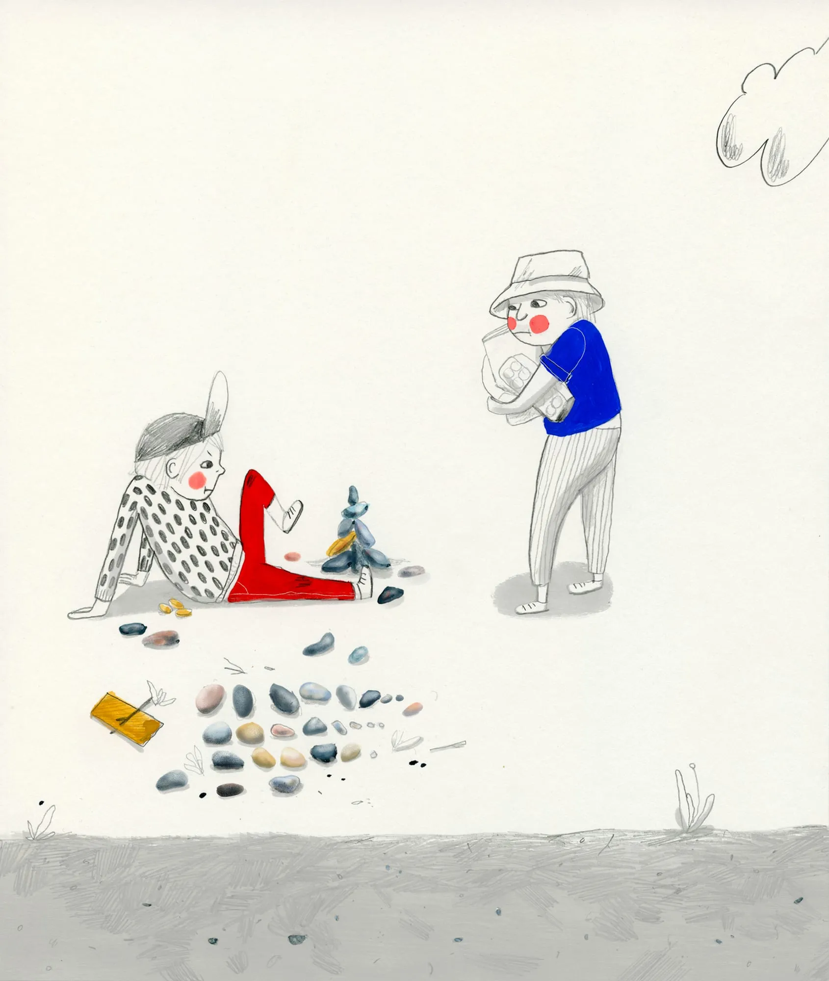 Boy in a polka-dot jumper rests among stones laid out in rows as another hauls a boxful across