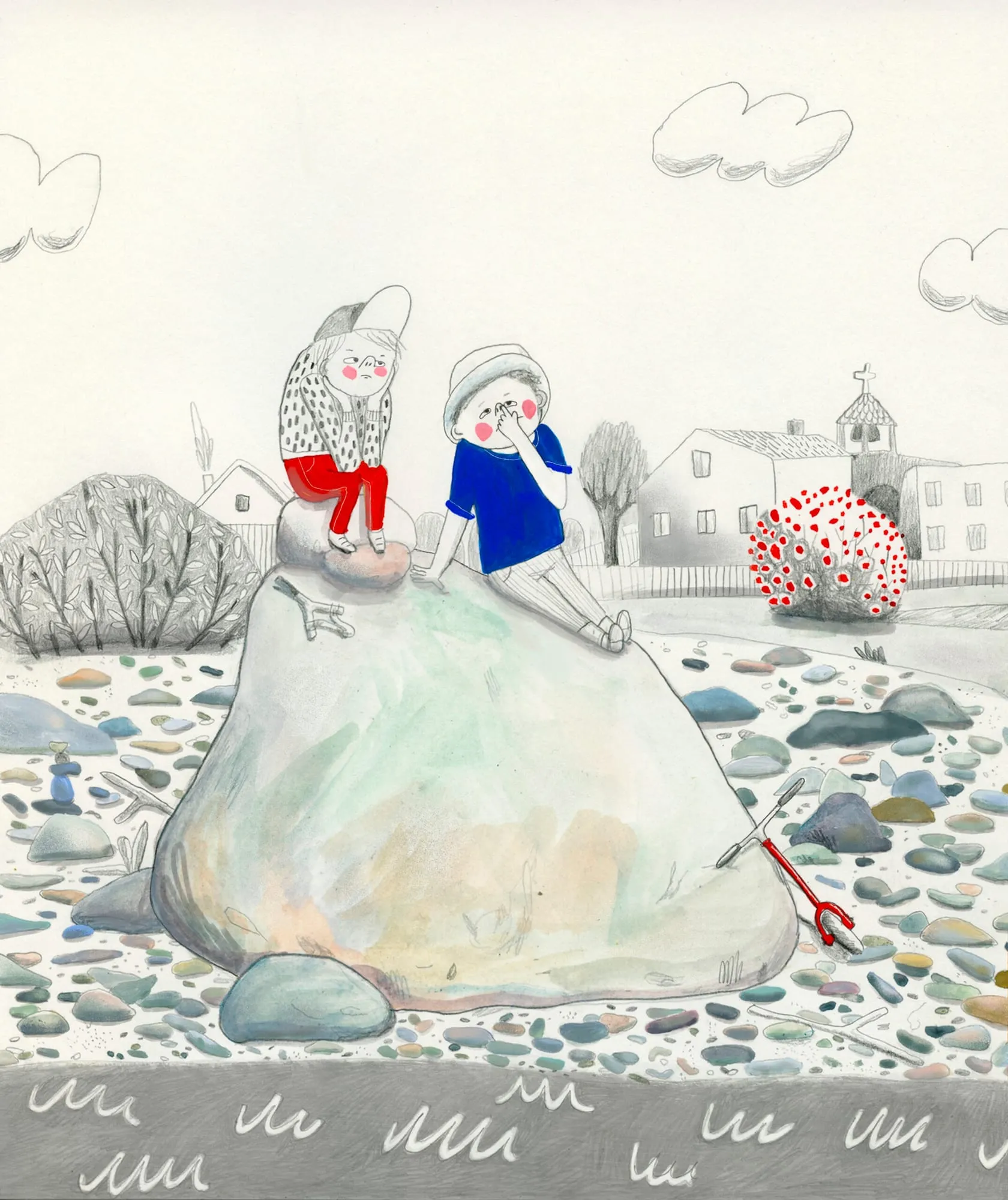 Two children perch on a huge pale boulder in a stony field, village houses and a church behind