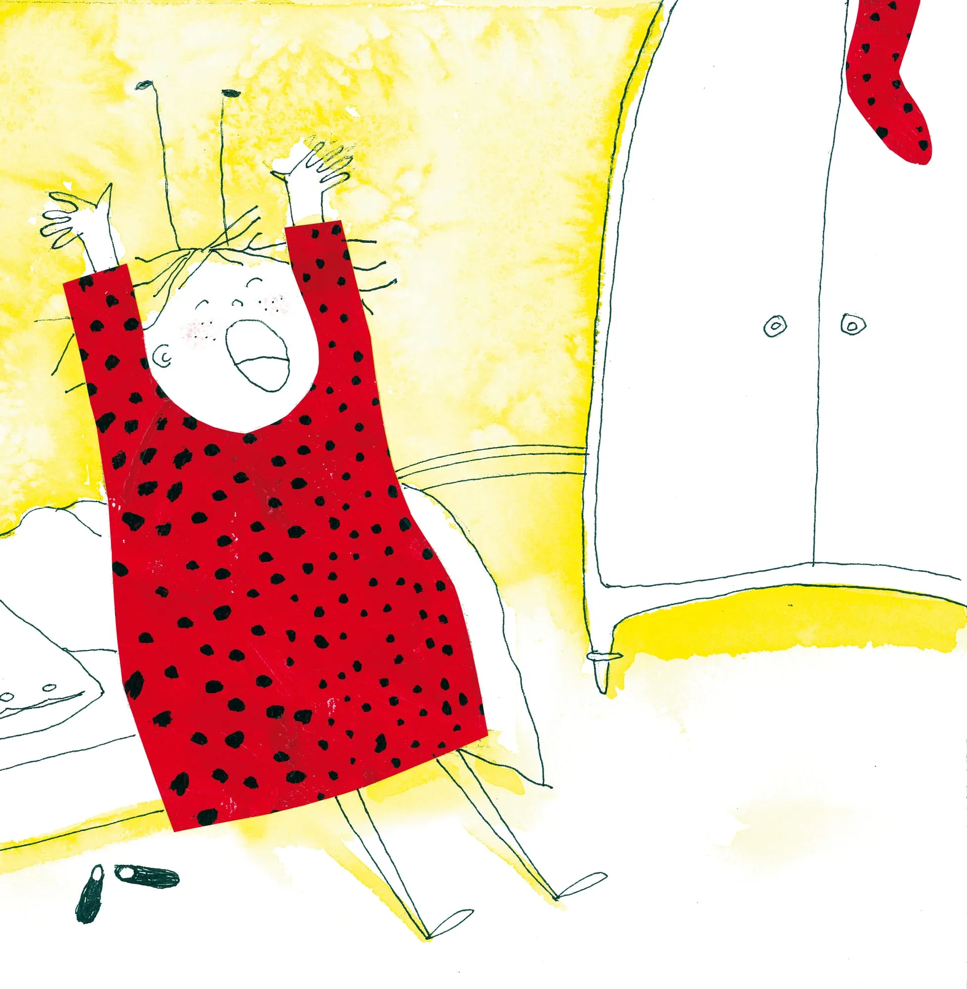 Arms raised in a spotted nightdress, a girl wakes as a red dotted sock hangs from the wardrobe