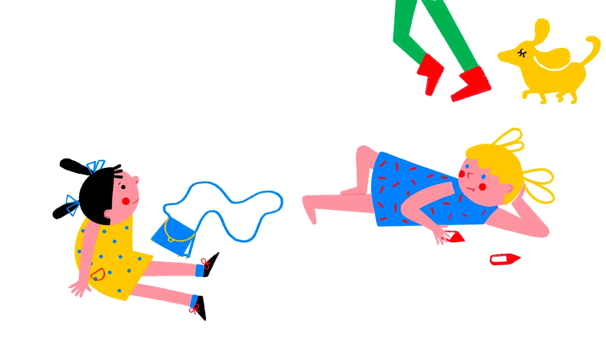One girl reclines with her blue bag while another lies on her front drawing with a red pencil
