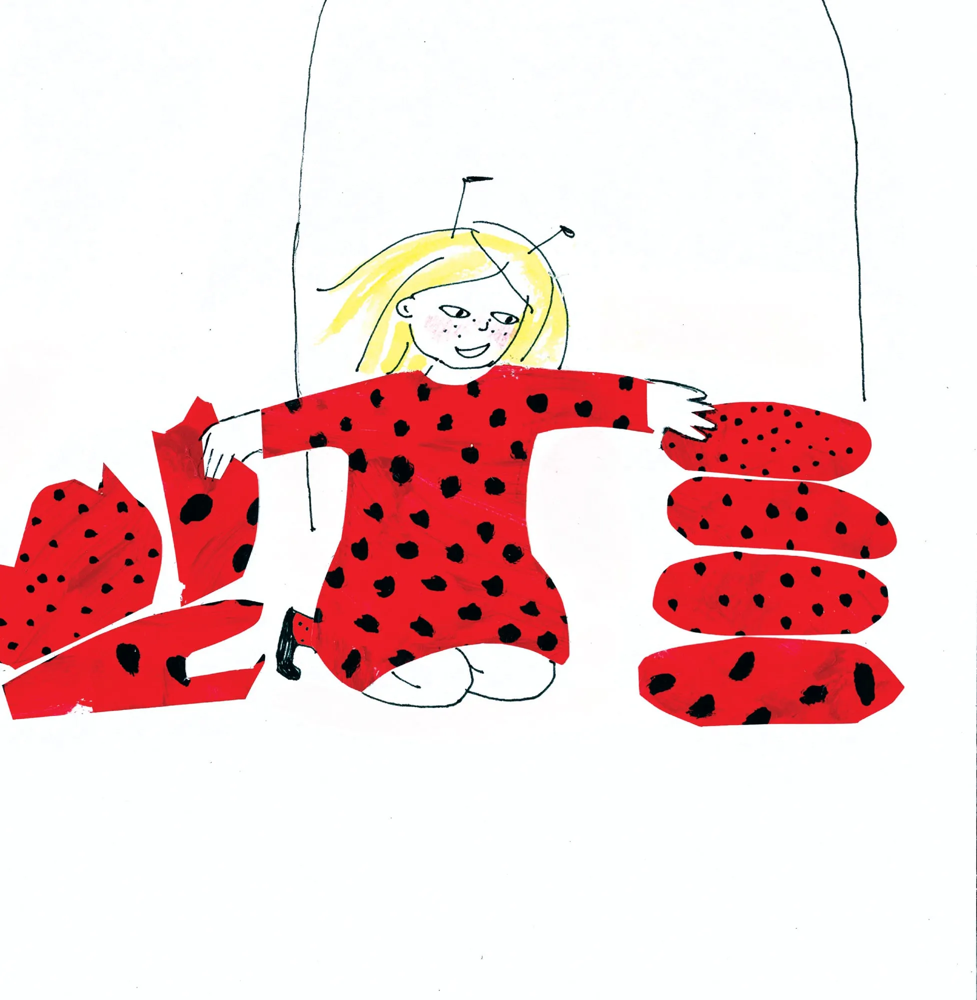 Kneeling in a spotted dress, a smiling girl arranges piles of identical red dotted garments