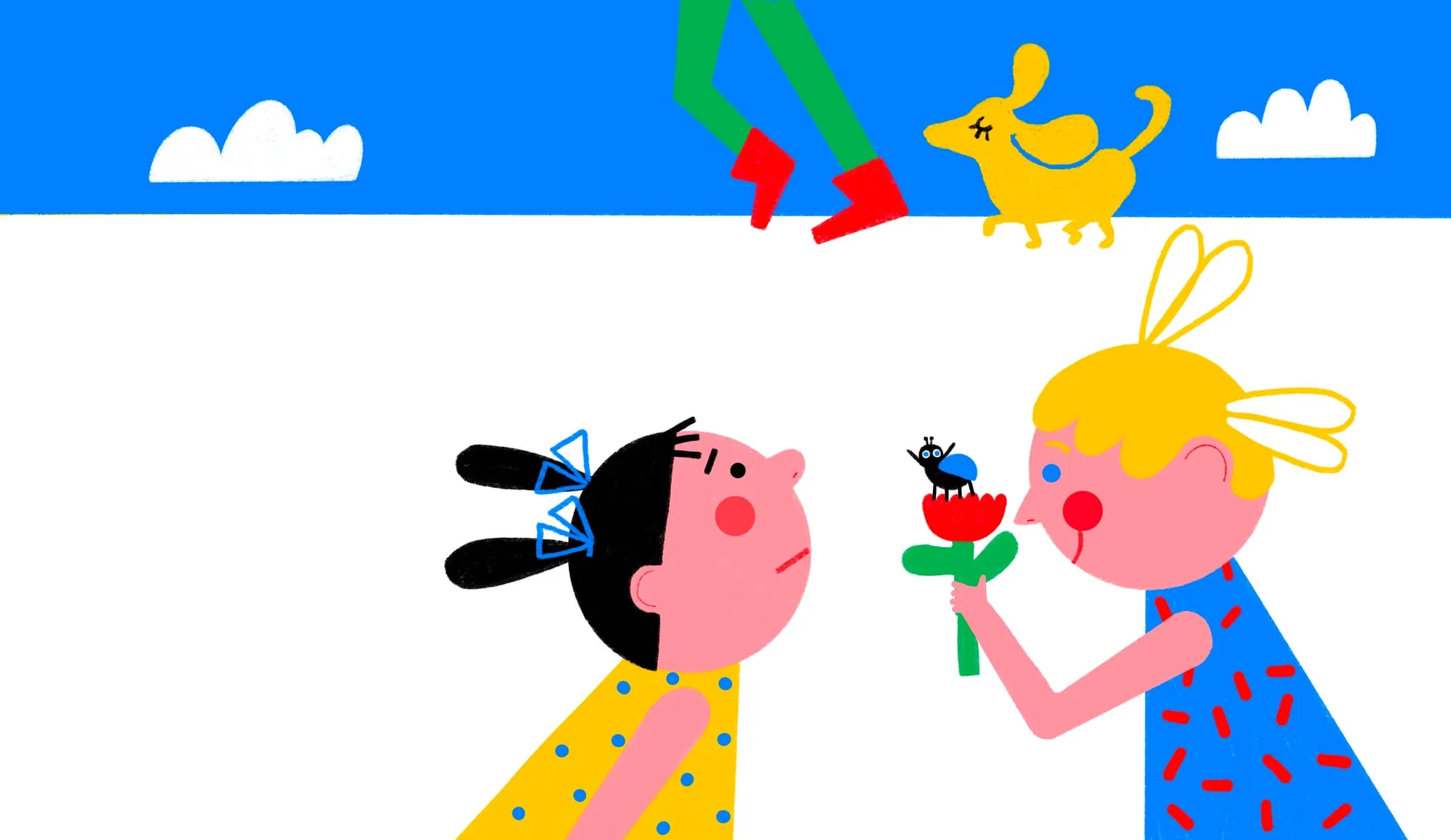 A blonde girl holds out a red tulip with a fly perched on it to a dark-haired girl leaning back