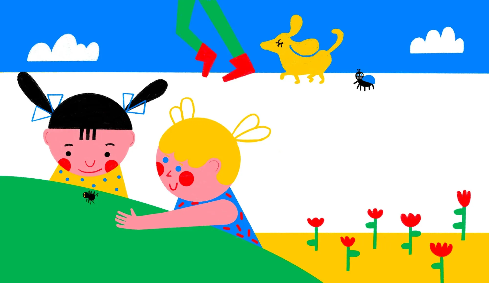 Two girls peer over a green hill as a yellow dog and red boots cross the blue skyline
