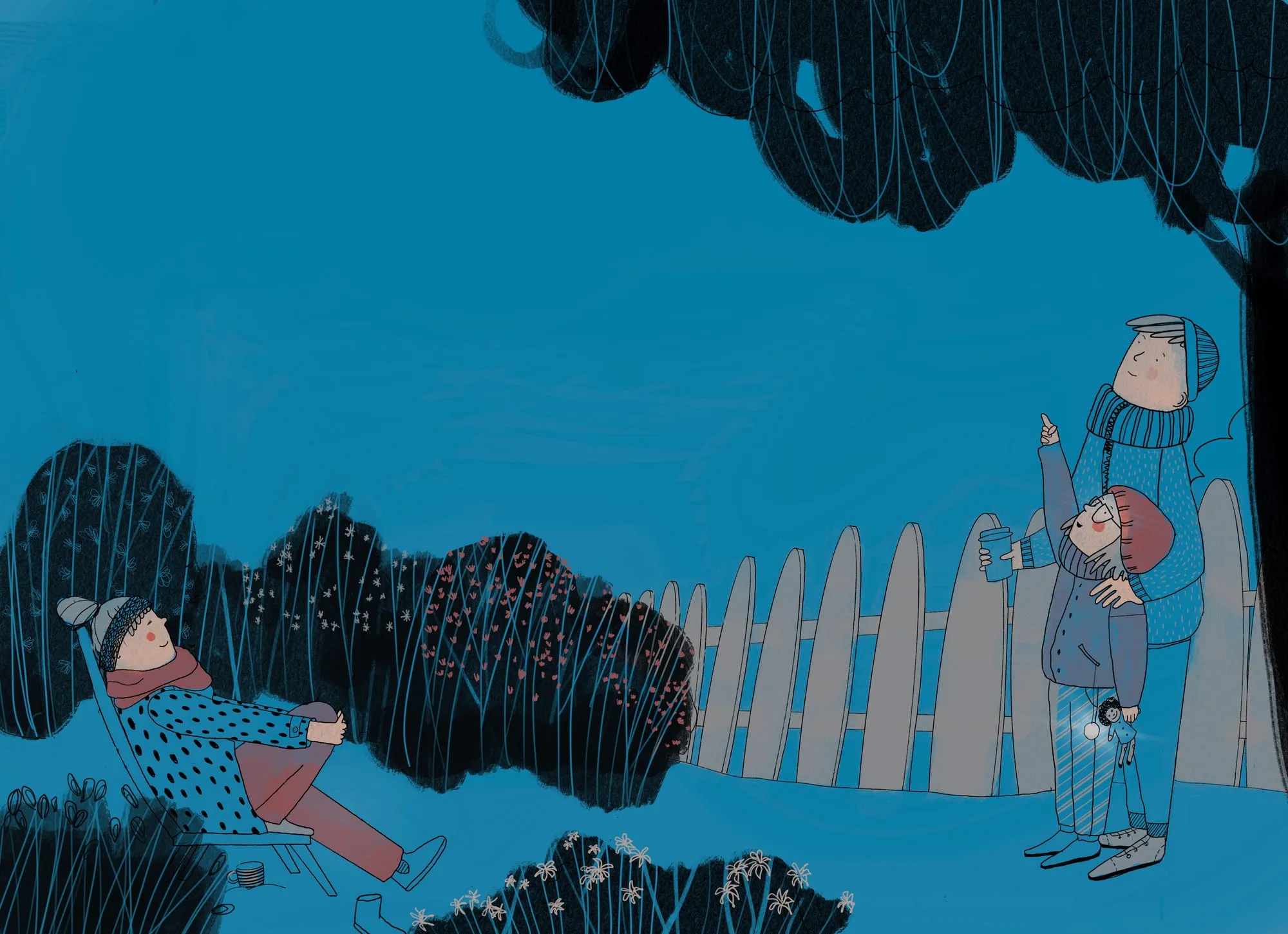 Blue evening garden with a picket fence and a woman reclining in a deckchair under a black tree canopy