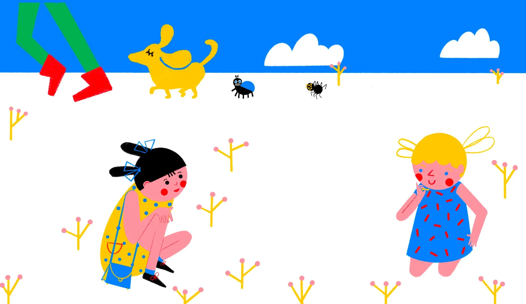A girl with a shoulder bag crouches among yellow flowers while a blonde girl in blue stands apart