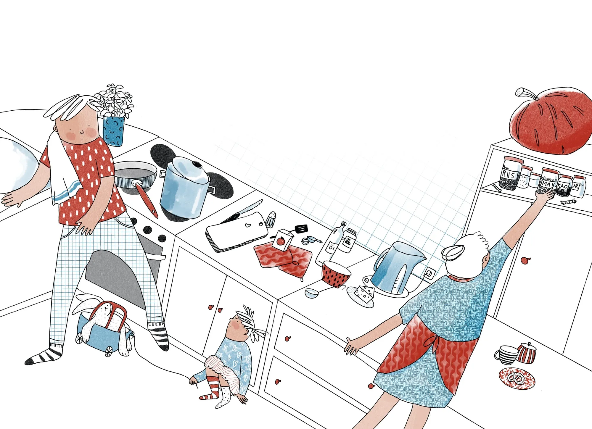 Kitchen crowded with pots, jars and a red pumpkin on the cupboard, a small child sitting between the cabinets