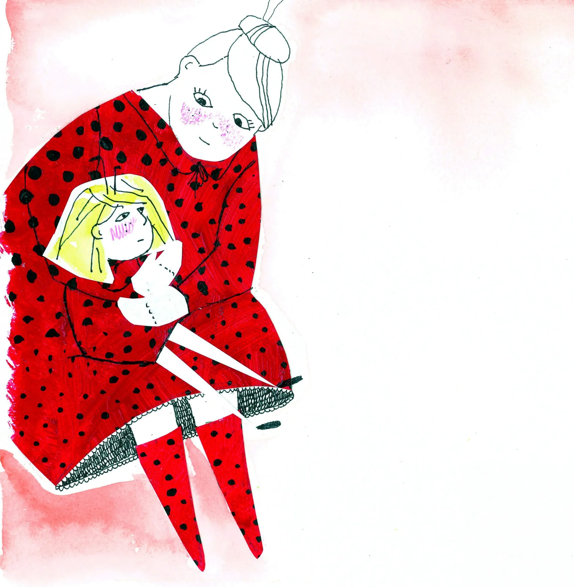 A woman in a red polka-dot dress cradles a blond girl wearing matching red spots