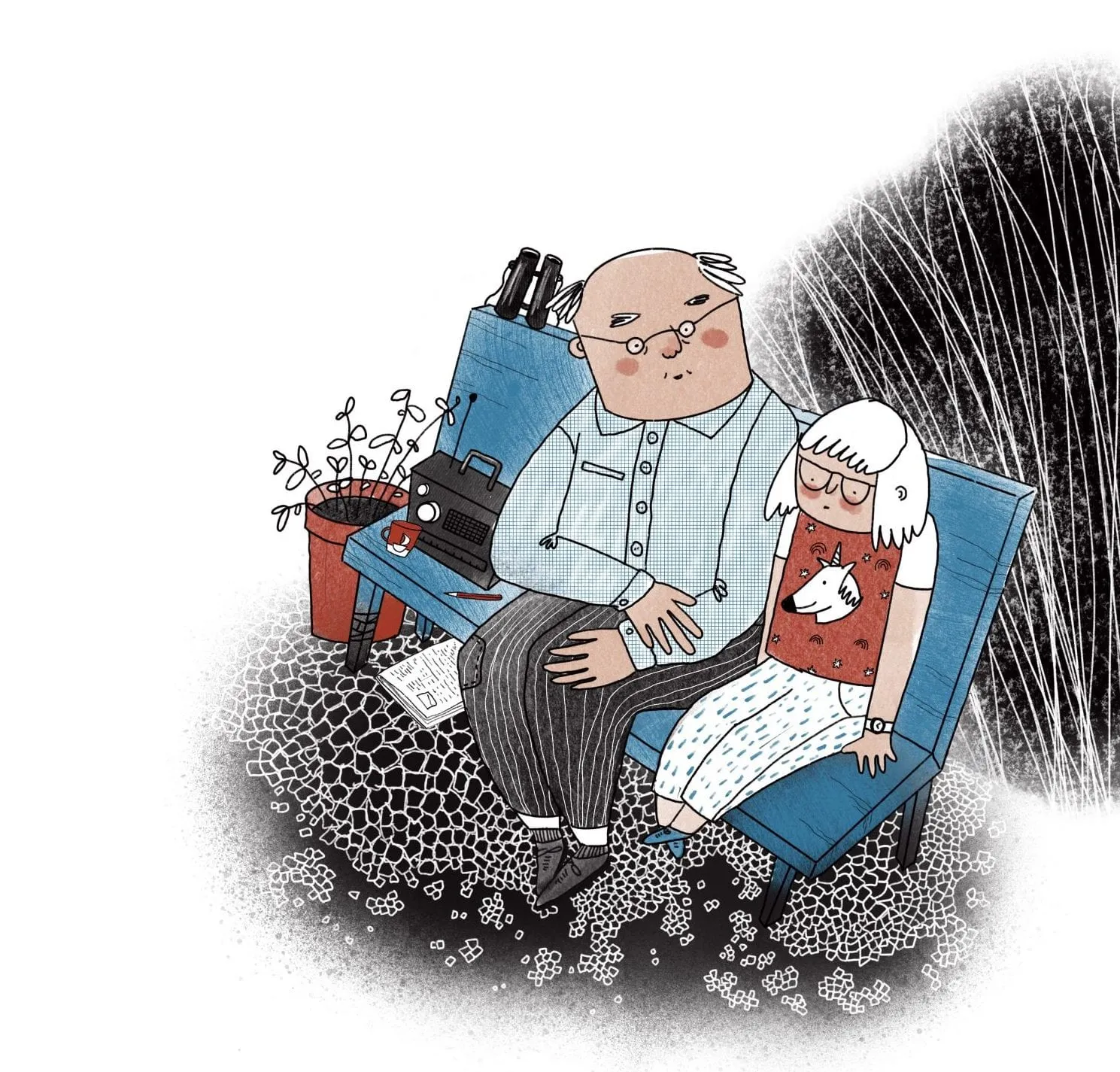 A bald man in glasses with binoculars and a typewriter shares a bench with a white-haired girl