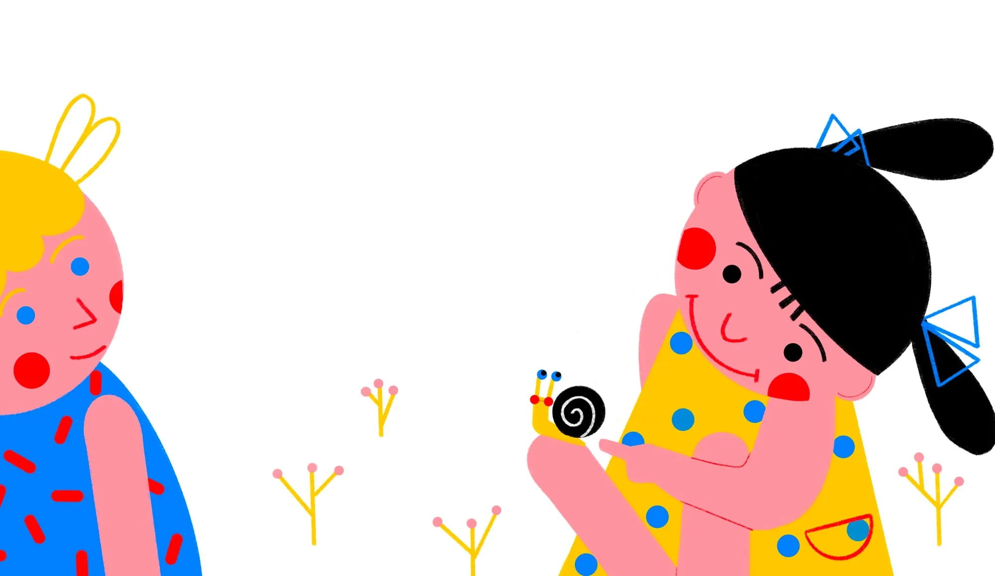 A girl in a yellow polka-dot dress balances a snail on her hand while a blonde friend watches