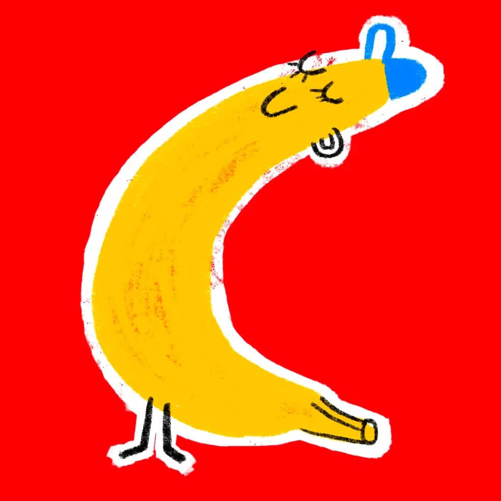 Yellow banana curved into a C, eyes squeezed shut, blue tip, tiny black feet