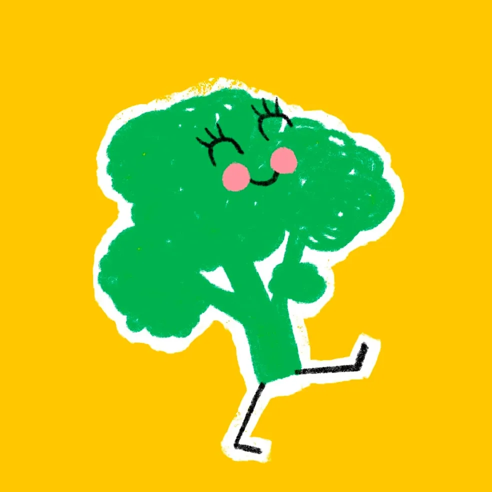 Green broccoli floret with long lashes and pink cheeks, kicking one leg high