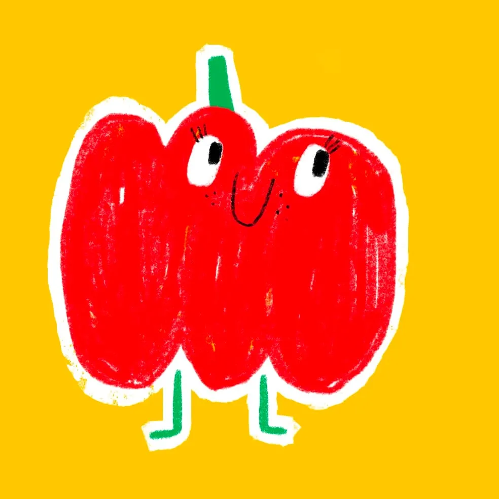 Wide red bell pepper with a green stalk, freckled face and stubby green legs