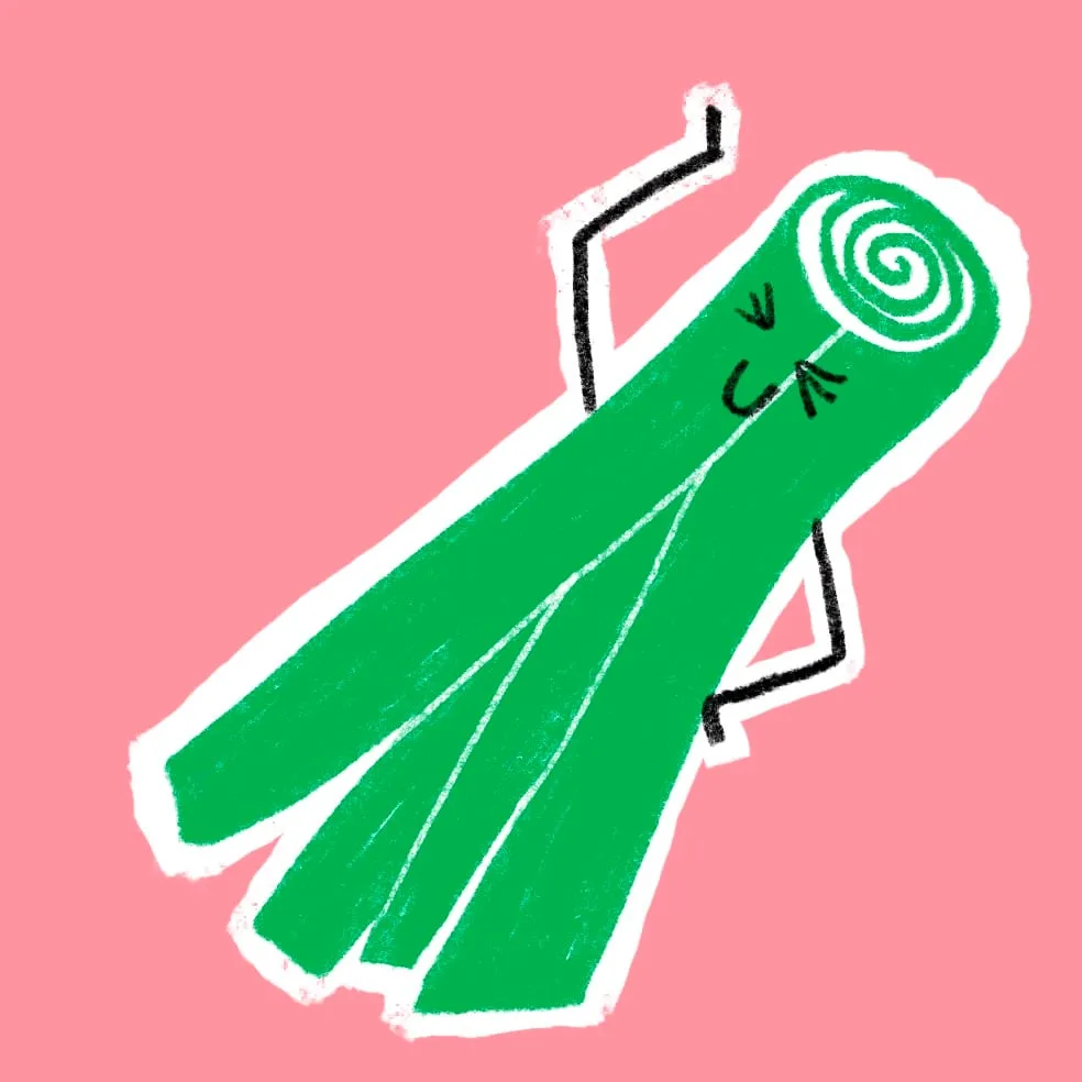 Green celery stalk reclining across a pink ground, eyes shut, its cut end a spiral