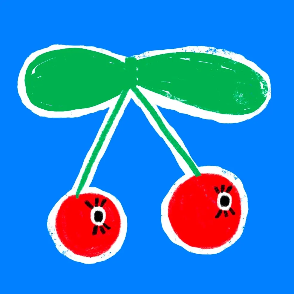 Two red cherries on green stems beneath one broad leaf, each with a single lashed eye