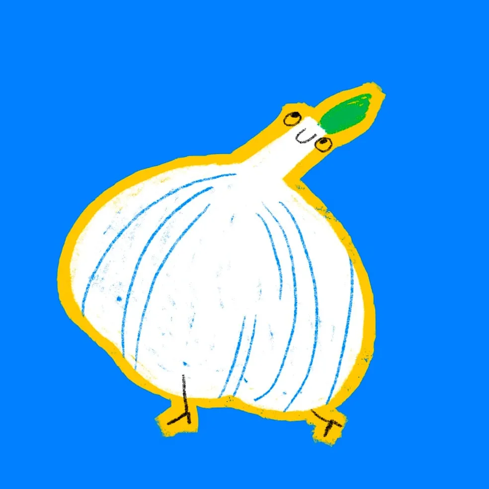 White garlic bulb outlined in yellow with a green sprout, perched on two small feet