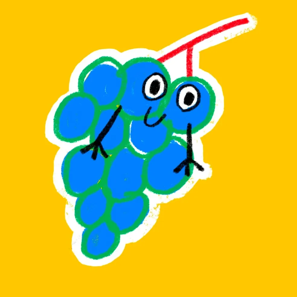 Bunch of blue grapes on a red stem, two wide eyes and twiggy black arms