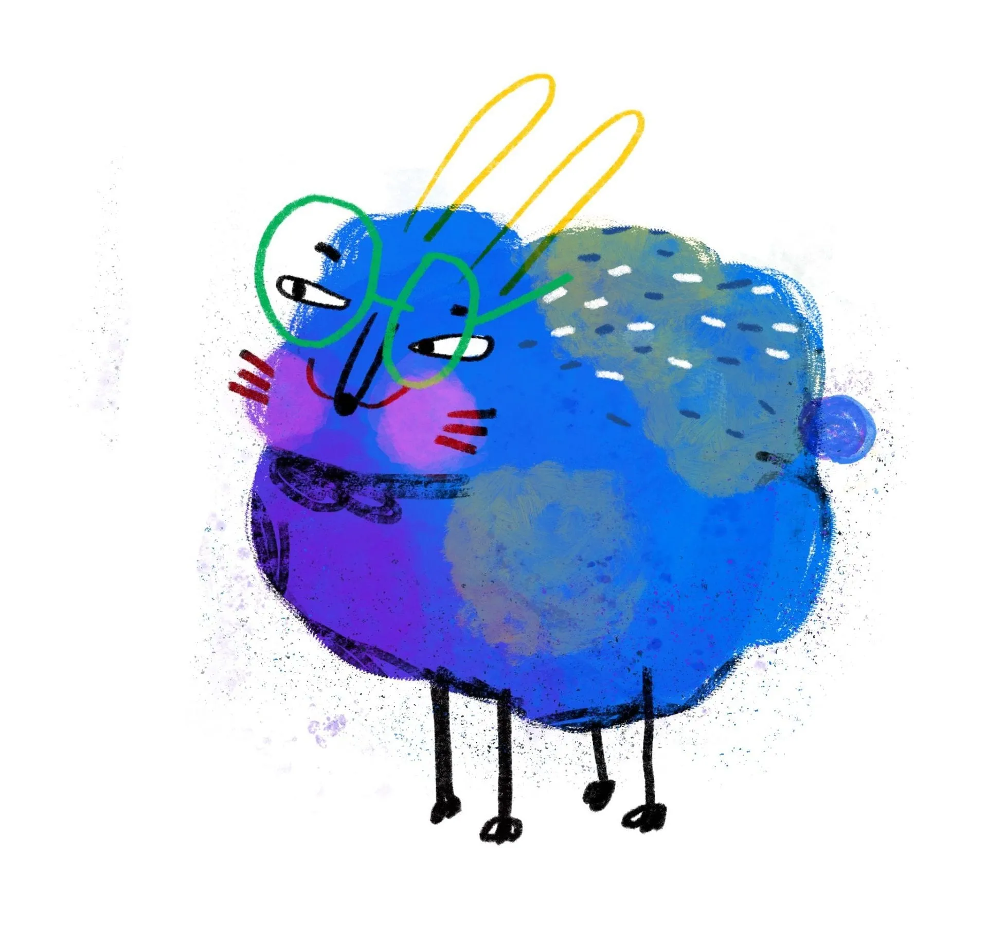 A plump blue-and-violet hare in oversized round green glasses, long yellow ears, standing on thin black legs