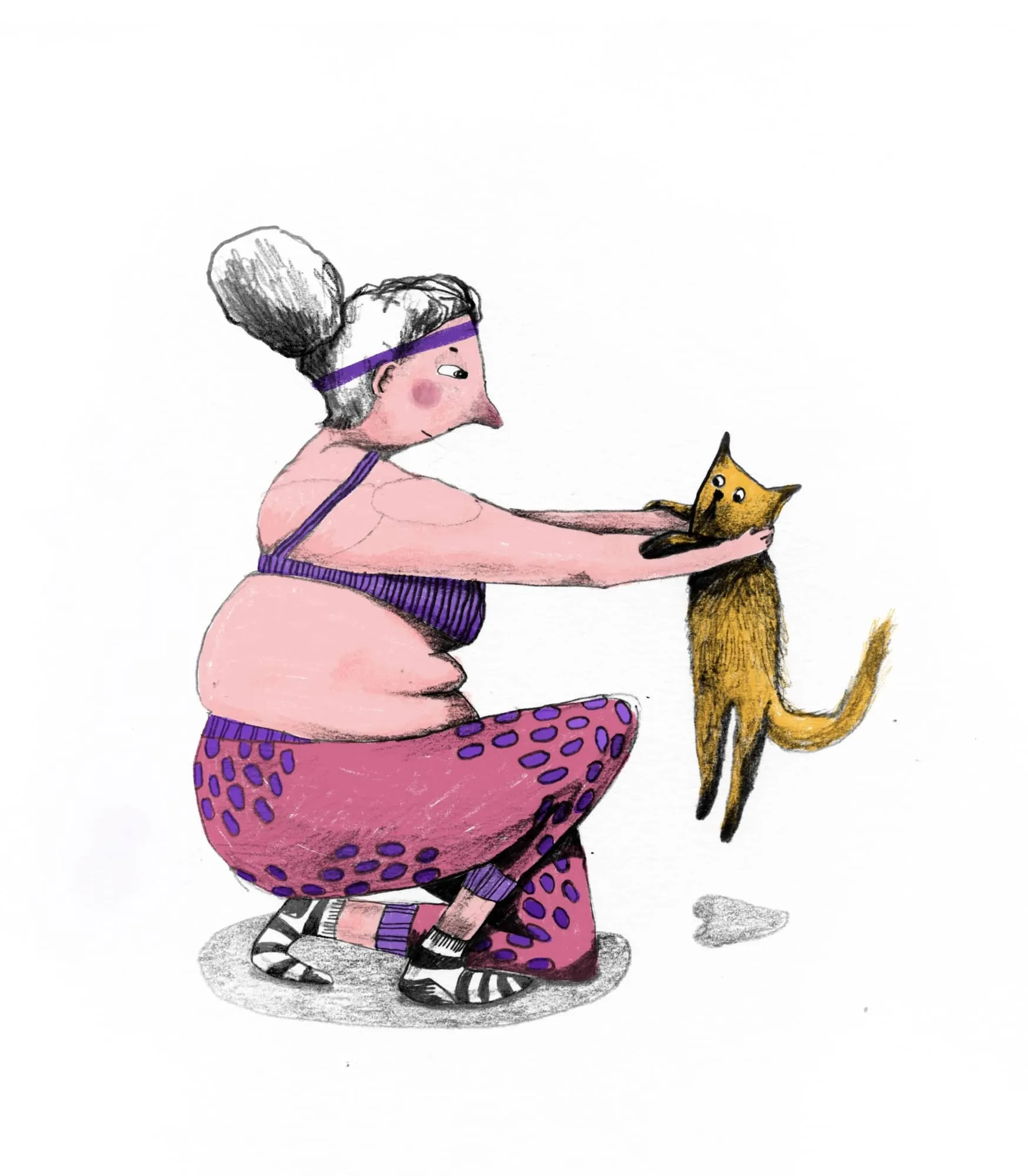 Woman in purple gym clothes crouches on her trainers, holding a ginger cat up by its front paws