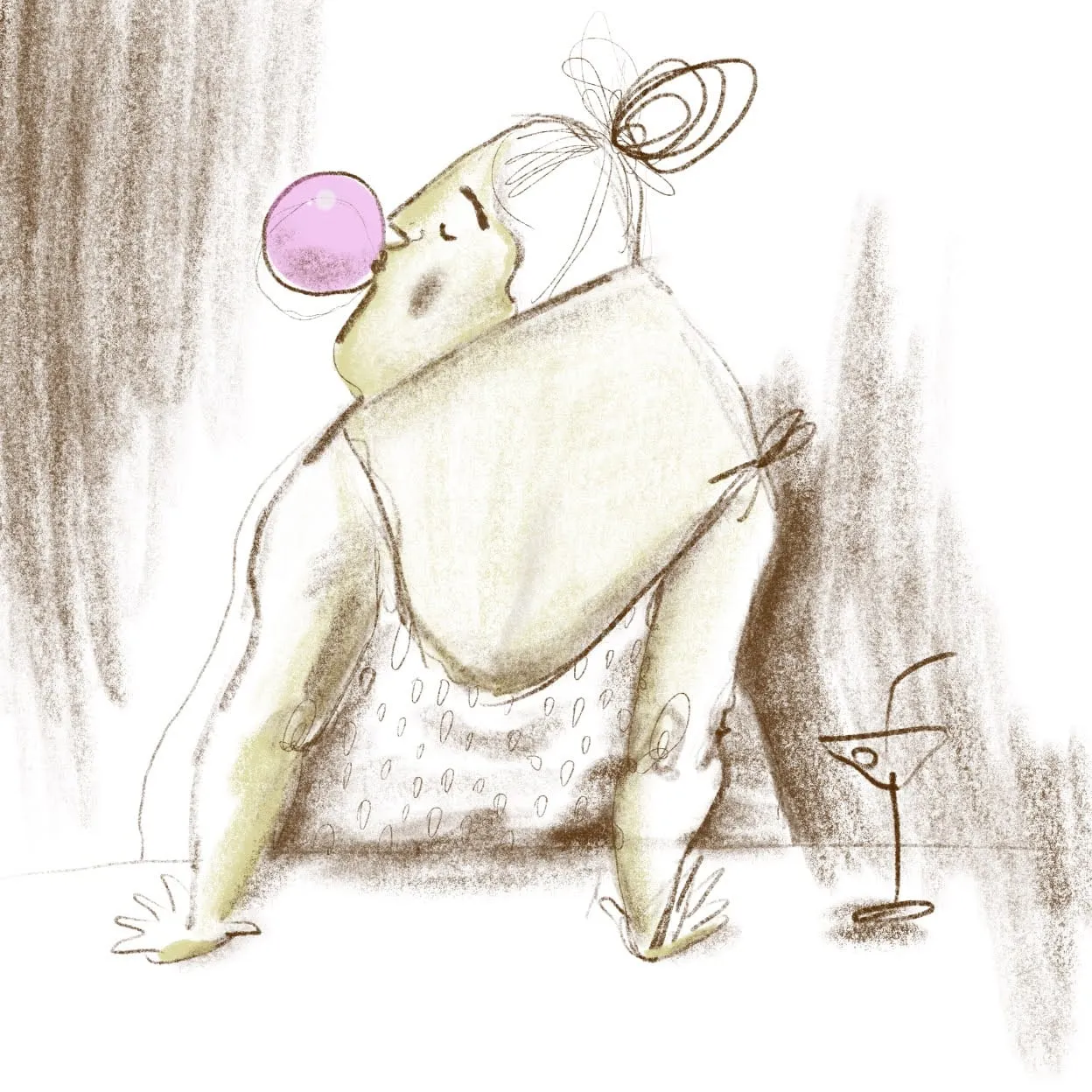 Pale sketch of a woman leaning back on a bar, blowing a pink bubblegum bubble beside a martini