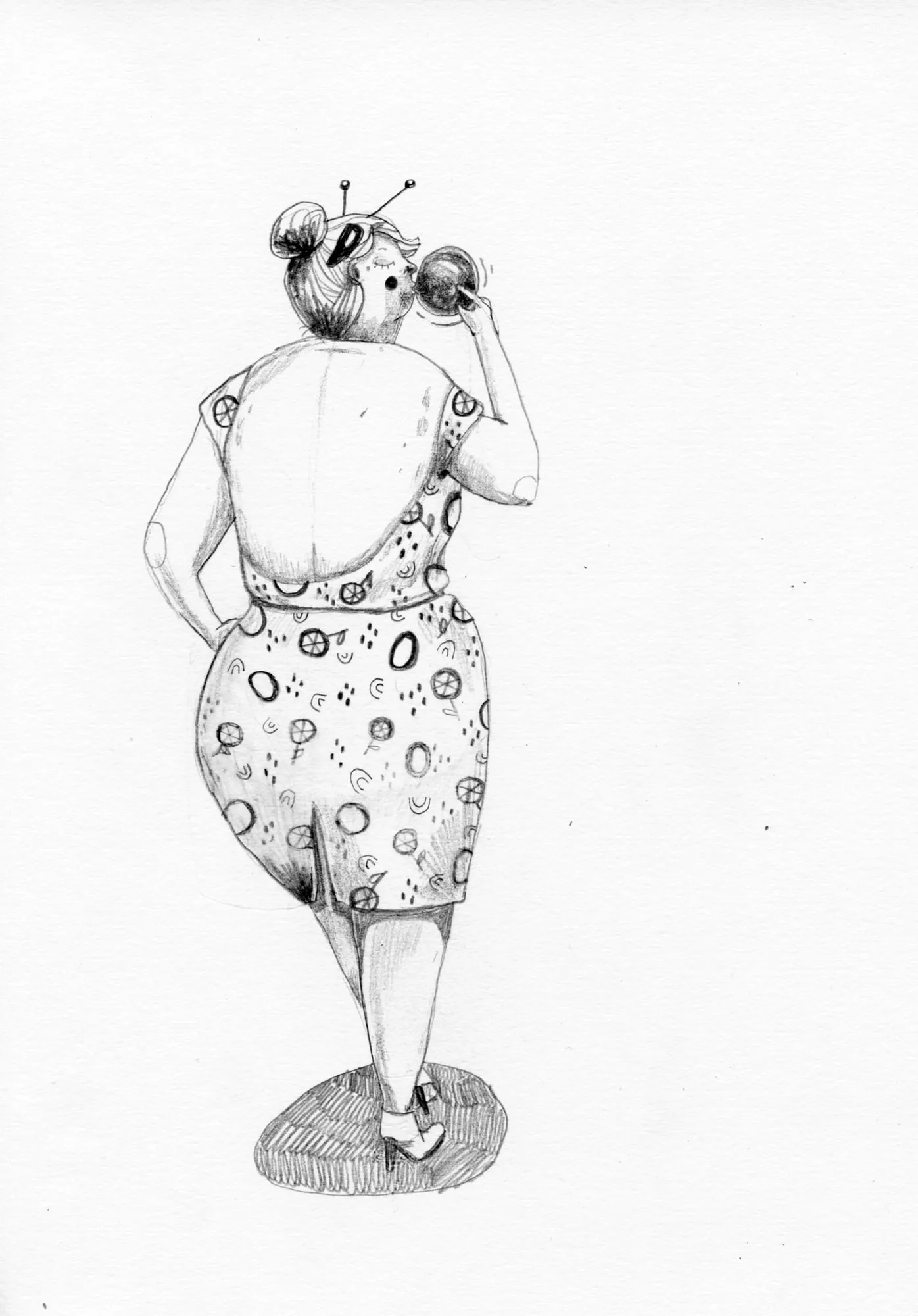 Seen from behind in a spotted dress, knitting needles through her bun, blowing a bubble