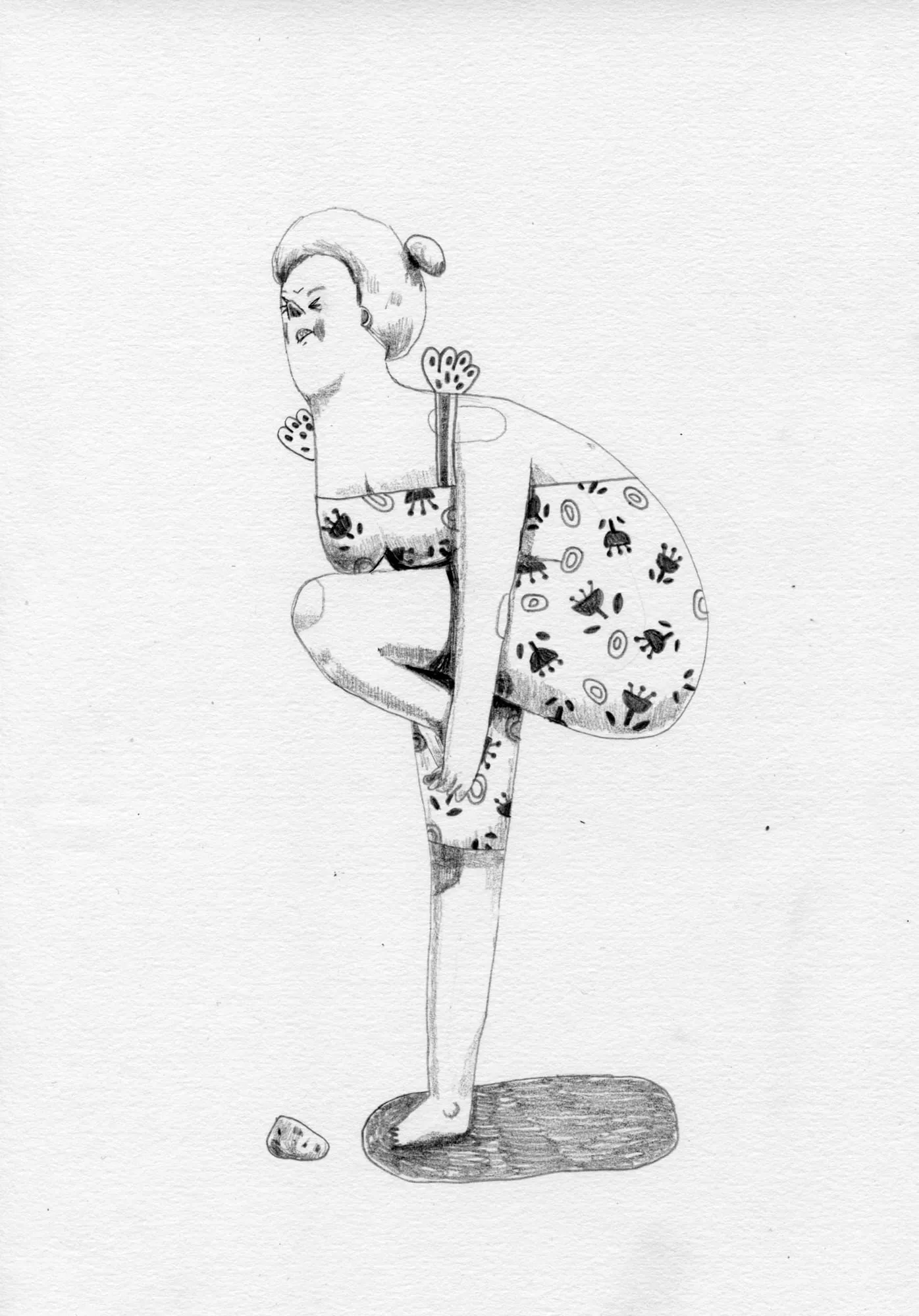 Pencil study of a woman bending forward in a patterned dress, catching her raised foot behind her