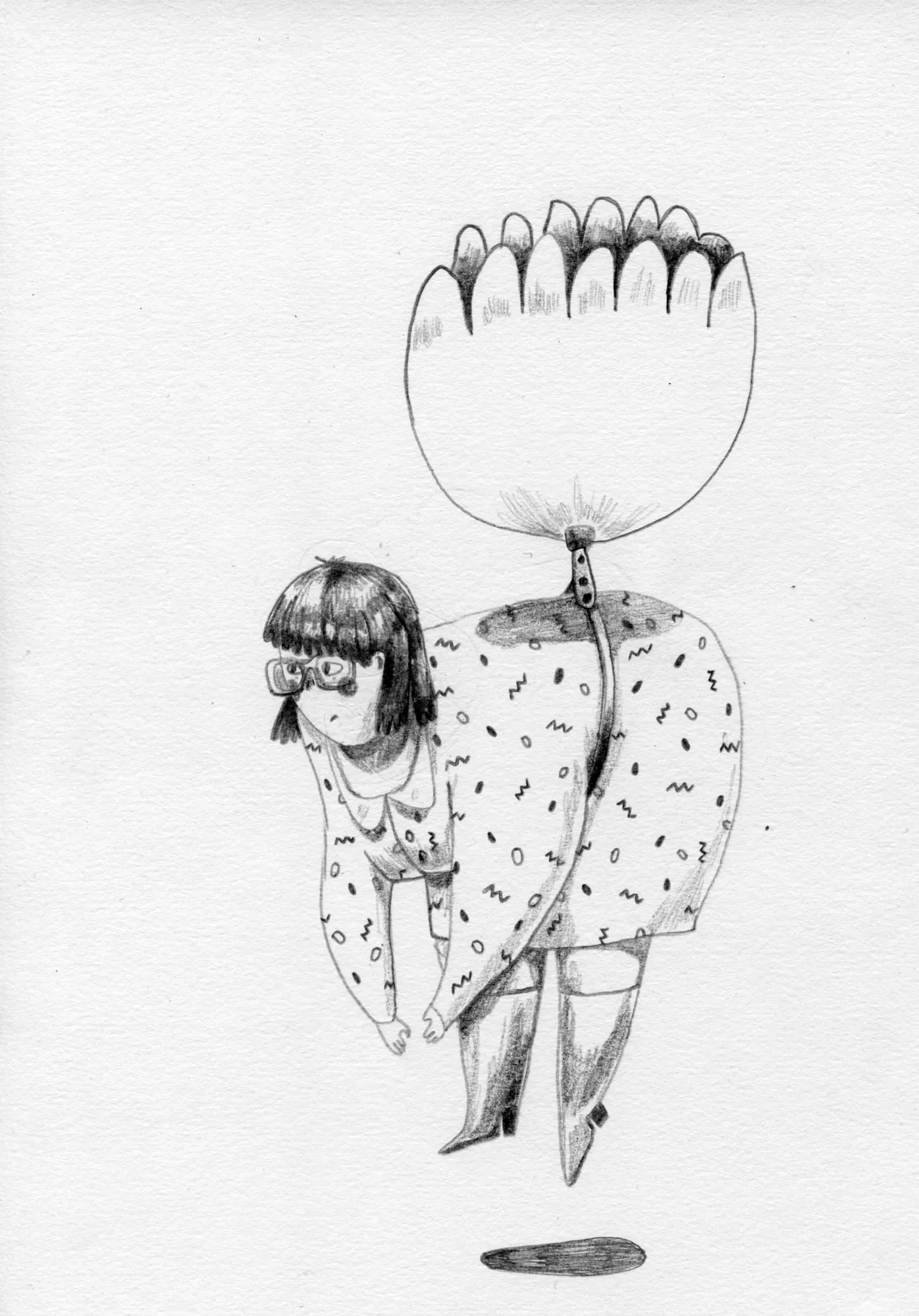Pencil study of a woman in a spotted coat drifting down beneath a giant tulip used as a parachute