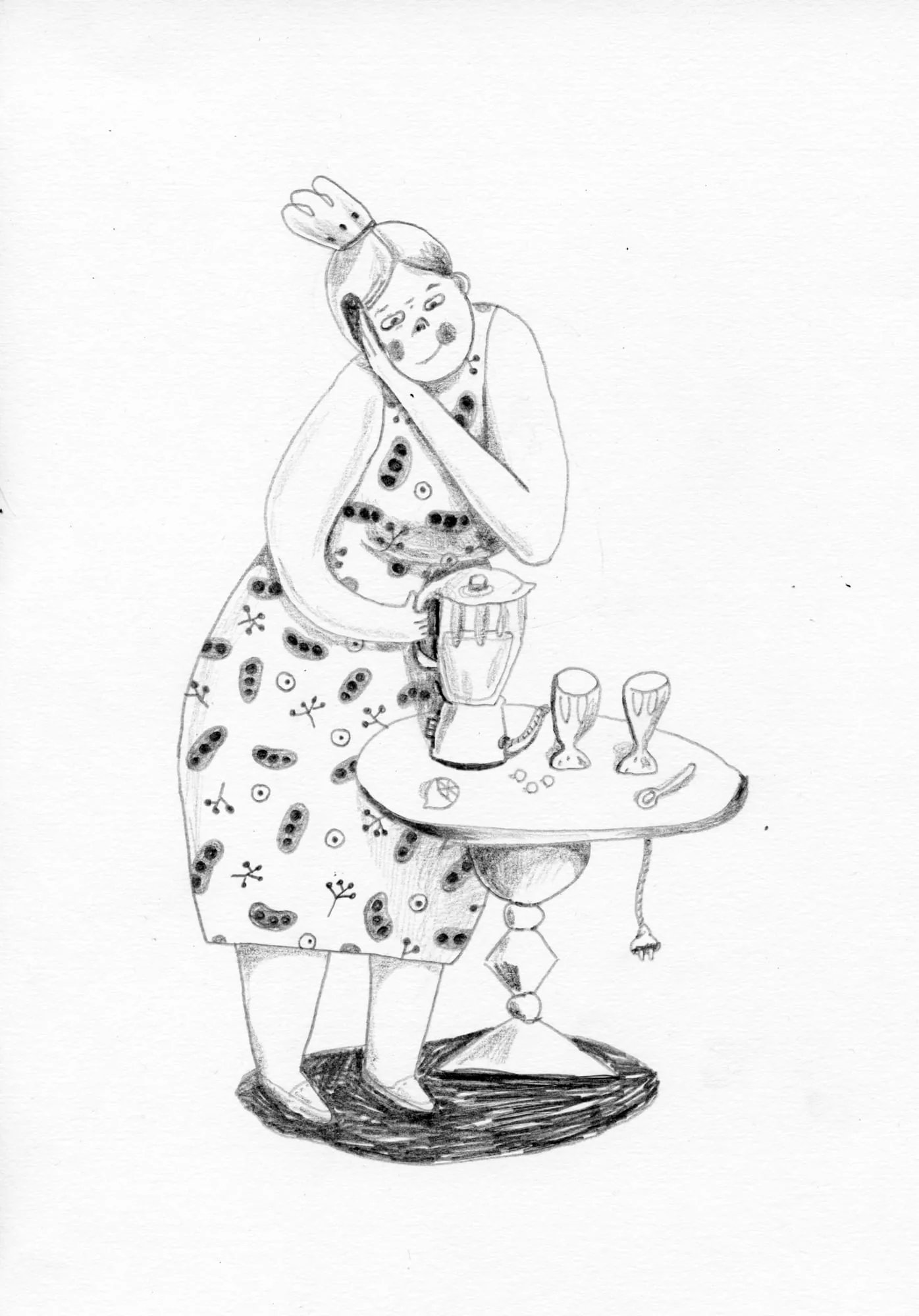 Woman in a patterned skirt presses a hand to her brow beside a blender and two tall cocktail glasses