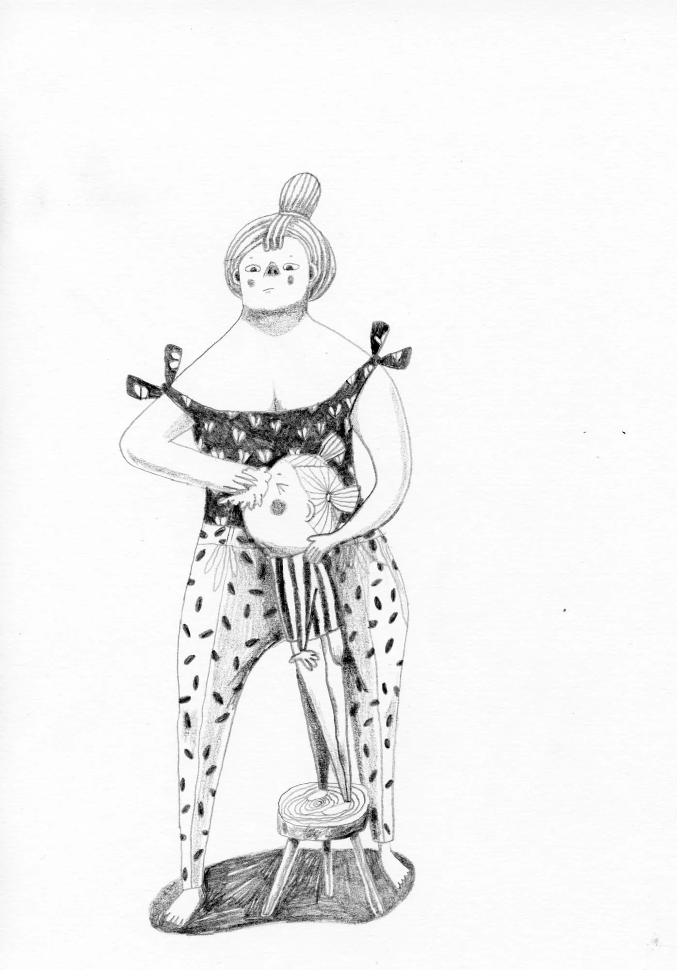 Woman in a patterned playsuit cradles a small cat in the lifted hem of her top