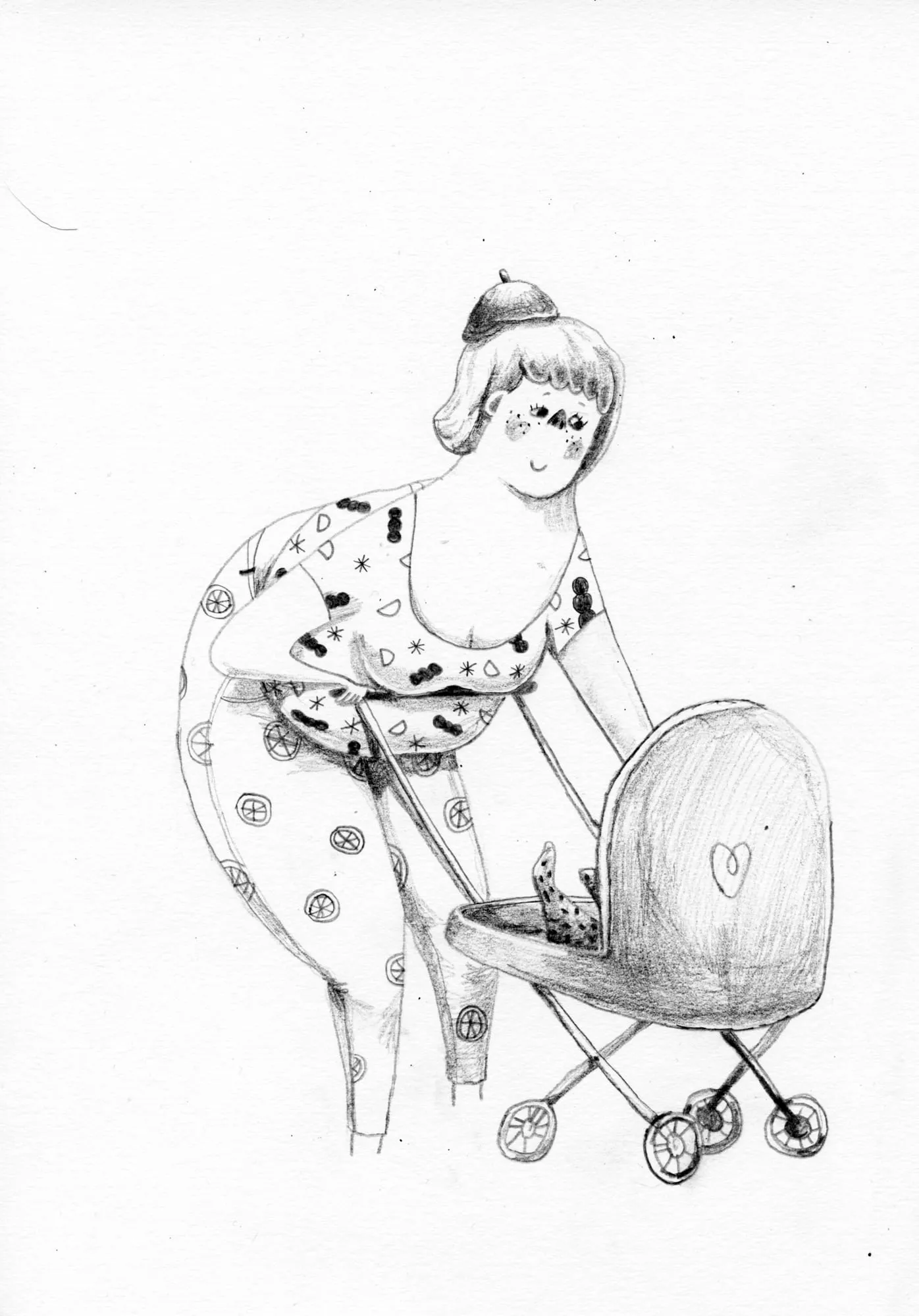 Woman in a printed playsuit and cap leans over an old-fashioned pram to look at the baby
