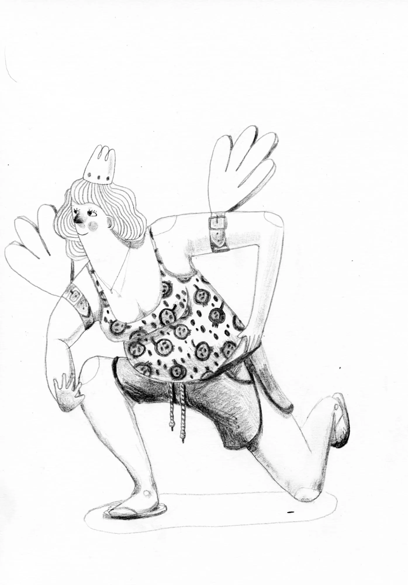 Woman in a printed vest lunges low with both hands raised, a small paper crown on her head