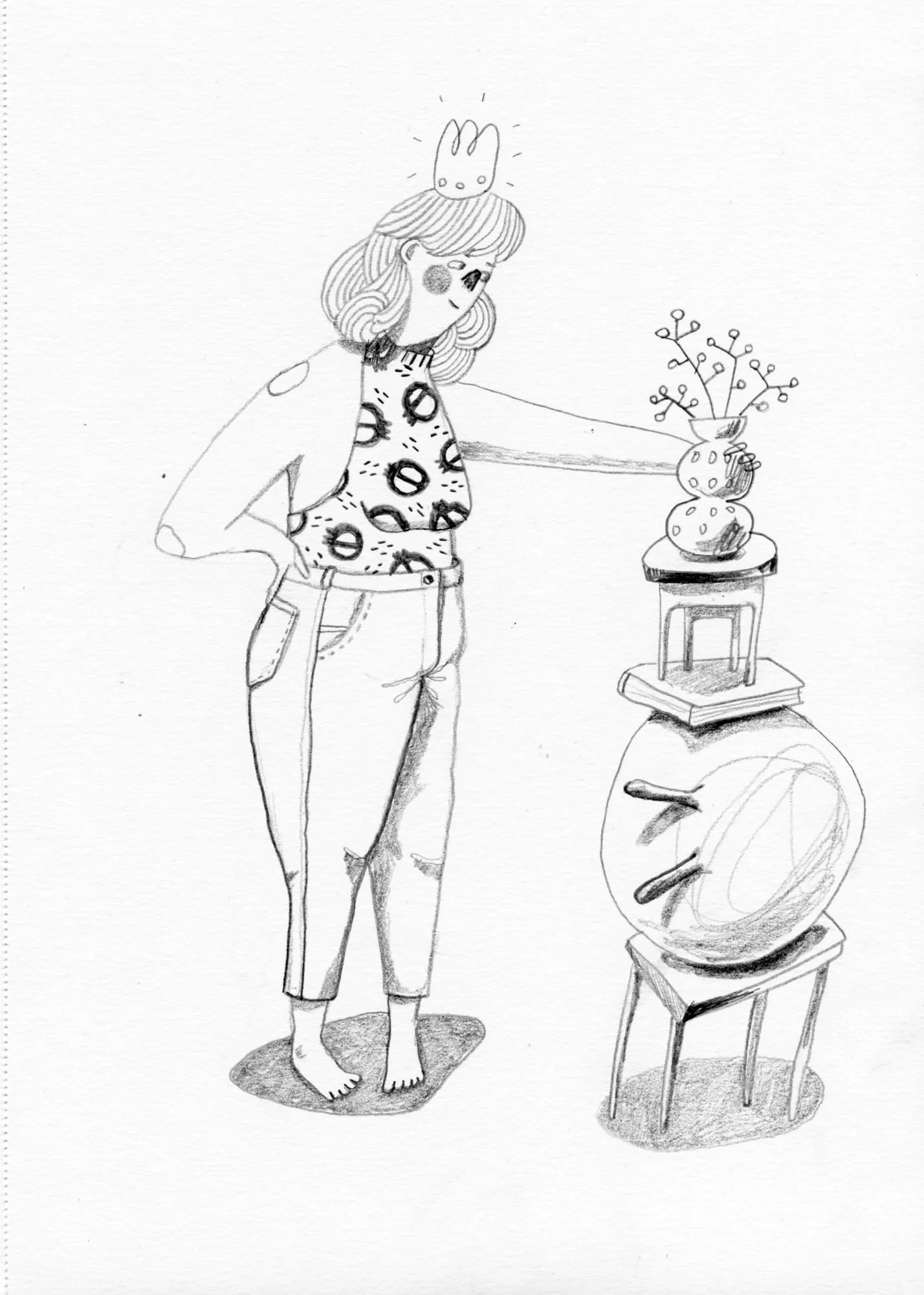 Pencil study of a woman in jeans steadying a vase on a stool stacked on books and a ball