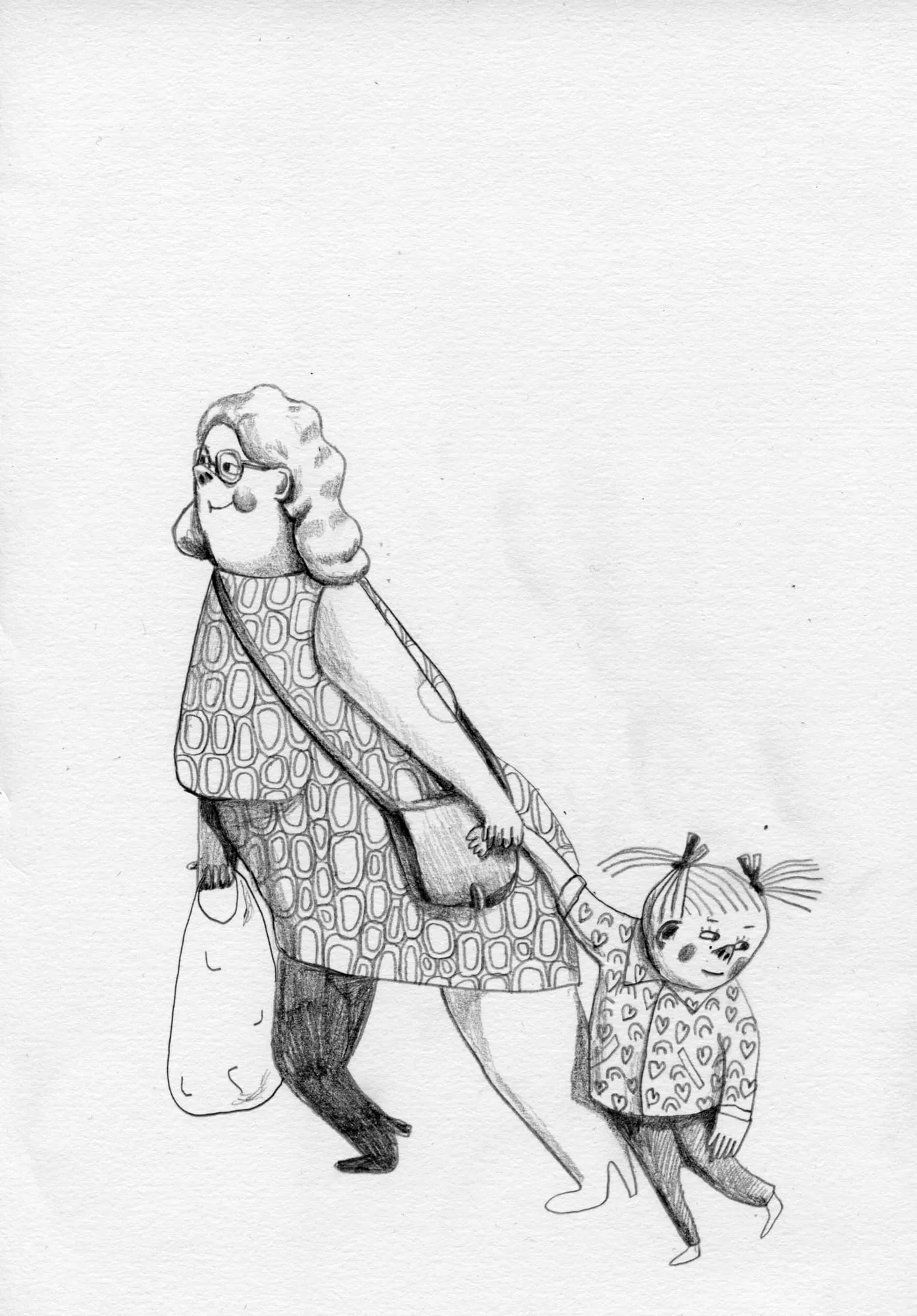 Grey-haired woman in a printed coat carries a shopping bag and leads a small child by the hand