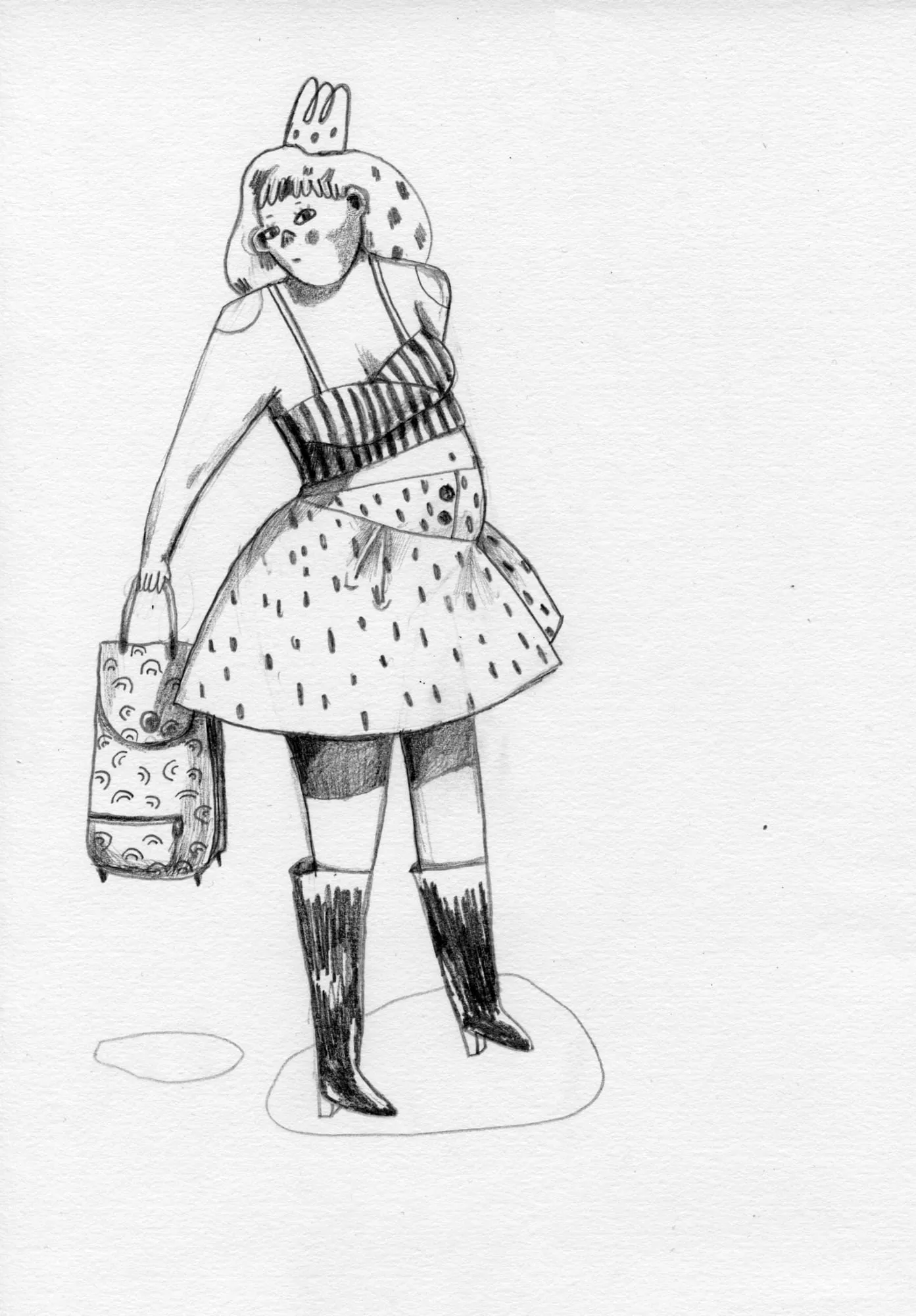 Teenage girl in a spotted skater dress and knee-high boots, a patterned bag over one shoulder