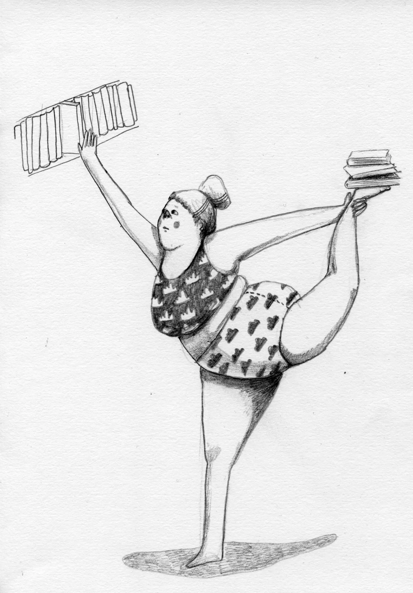 Woman balances on one leg with a stack of books on her raised foot and a slatted crate in her hand