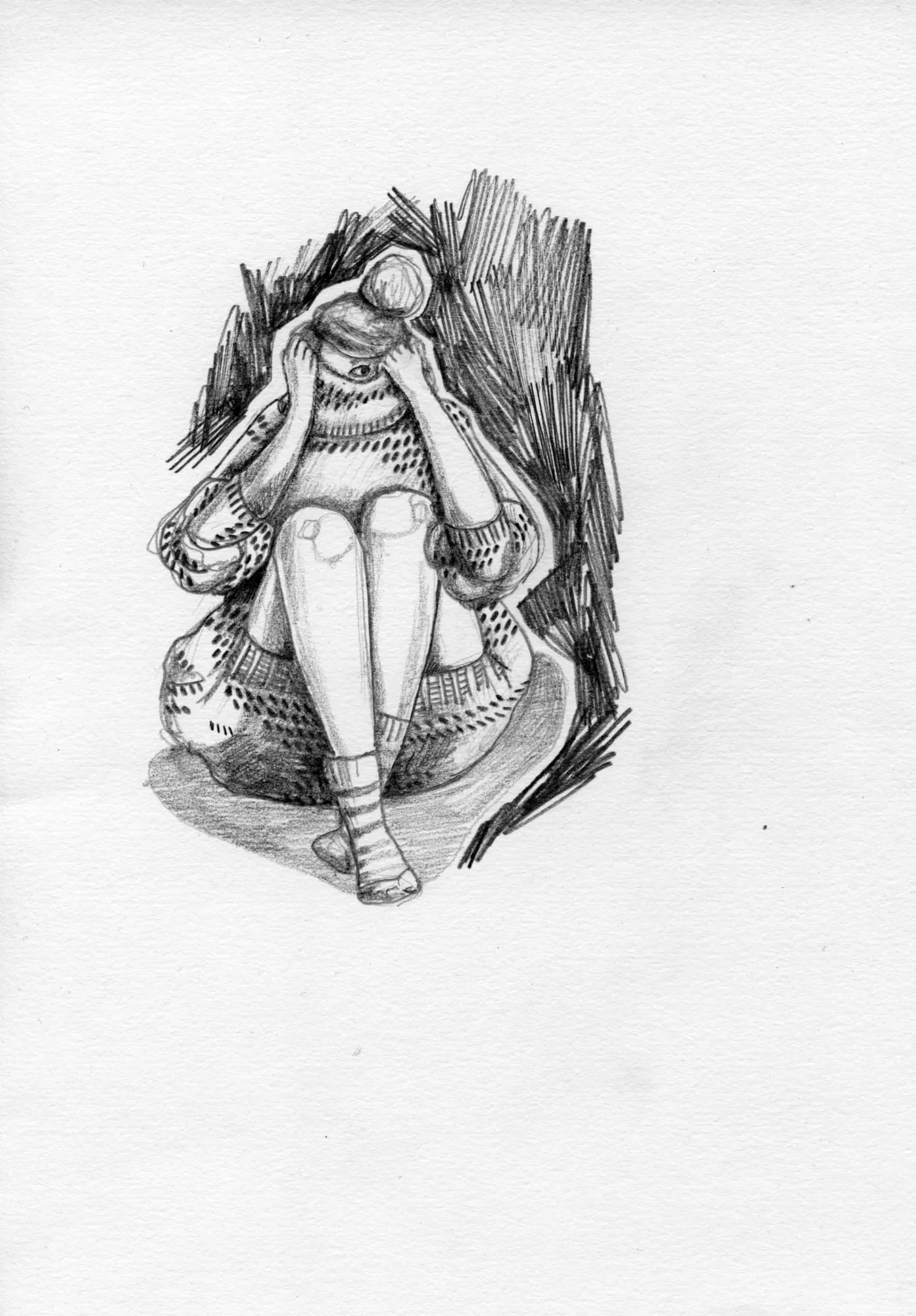 Woman huddled on the ground, face buried in a big knitted coat, against dark scribbled hatching