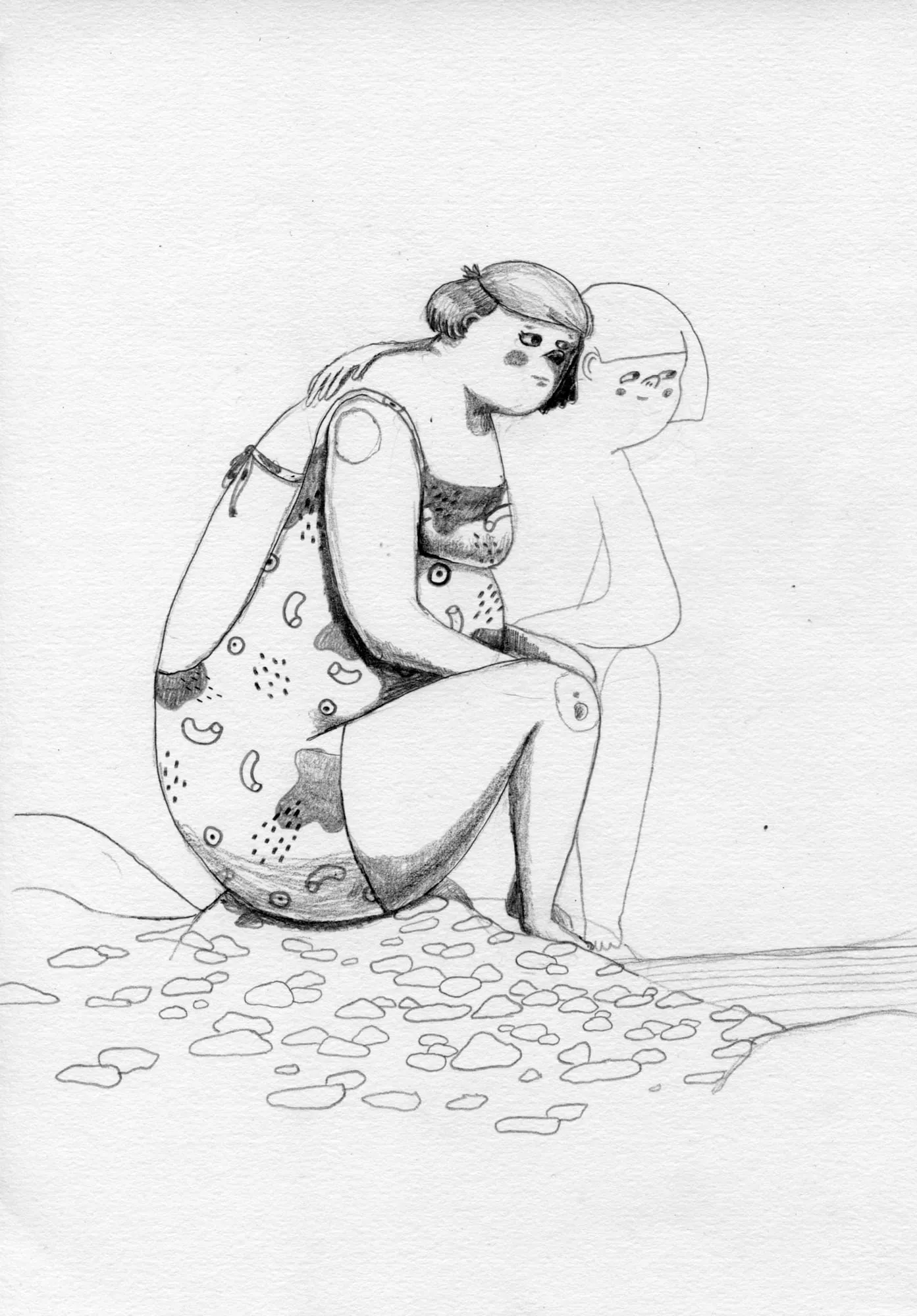 Woman in a patterned dress sits on the ground, hugged from behind by an outlined double of herself