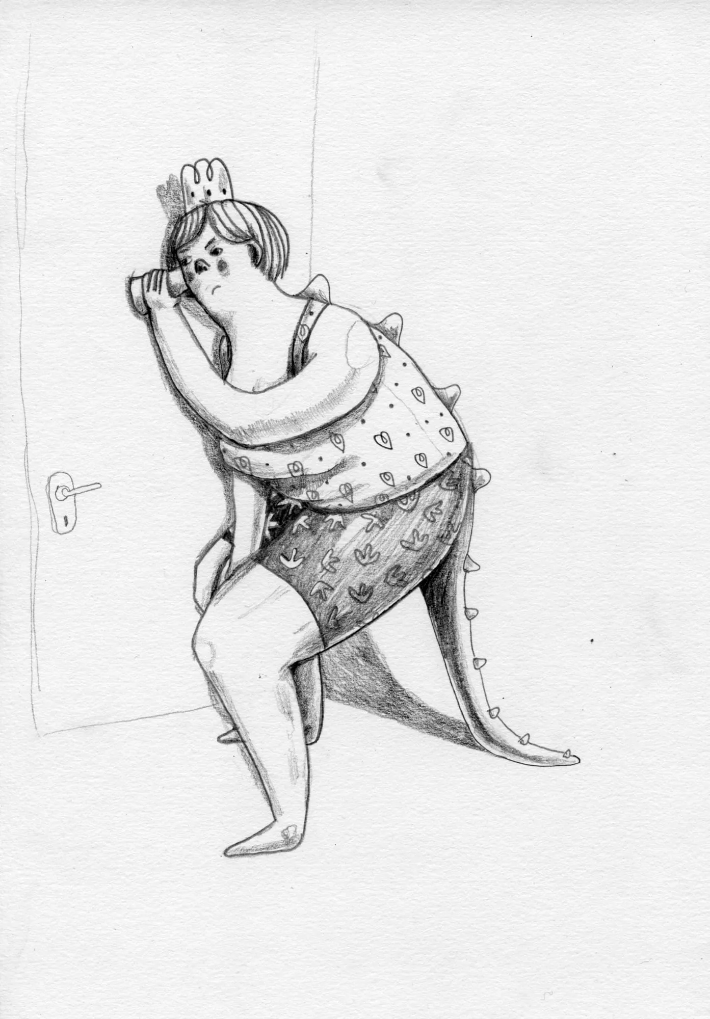 Woman in a paper crown and a spiky dinosaur tail slumps wearily against a closed door