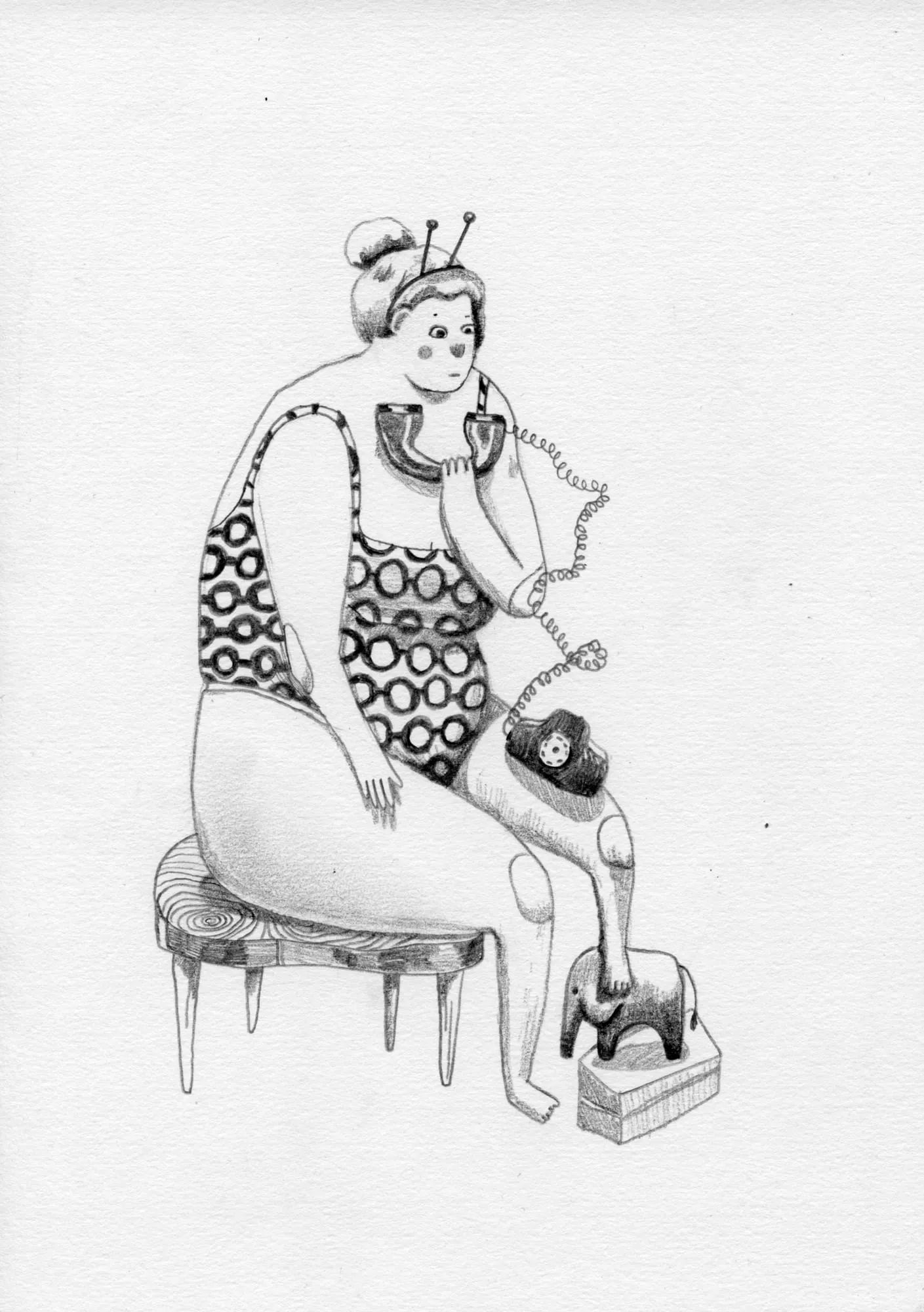 Woman perched on a stool in a patterned swimsuit, talking into a corded telephone, foot on an elephant