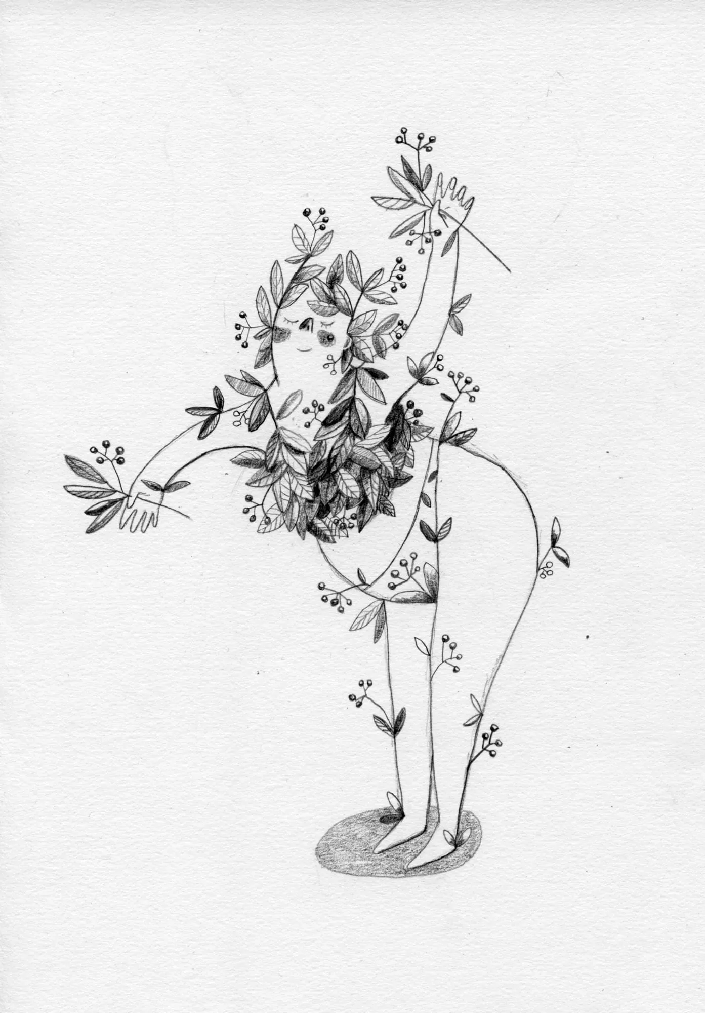 A figure overgrown with leafy stems and berries, only her bare arms and legs showing through