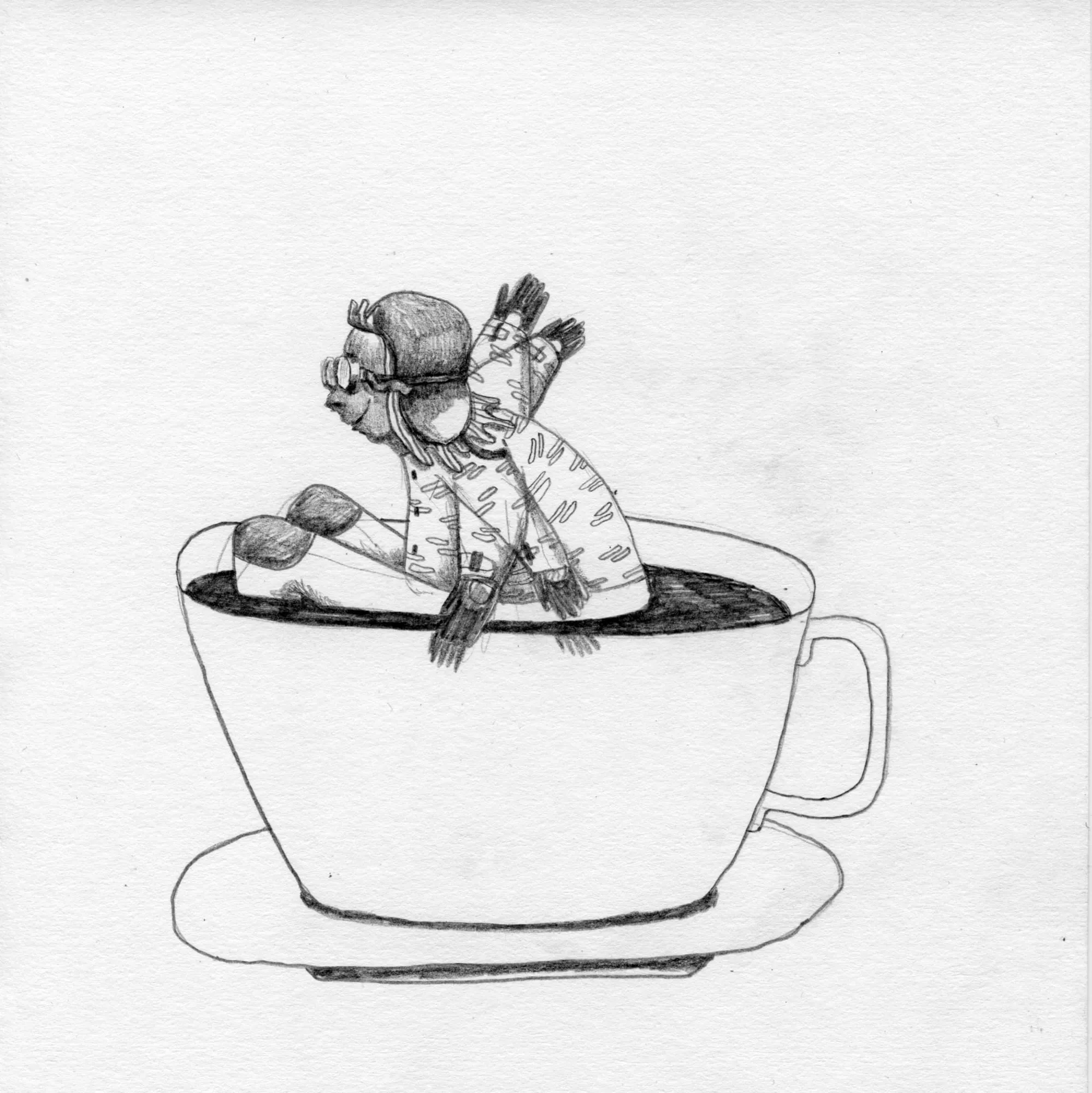 Woman in goggles and a flying scarf sits inside a giant teacup as if it were a cockpit