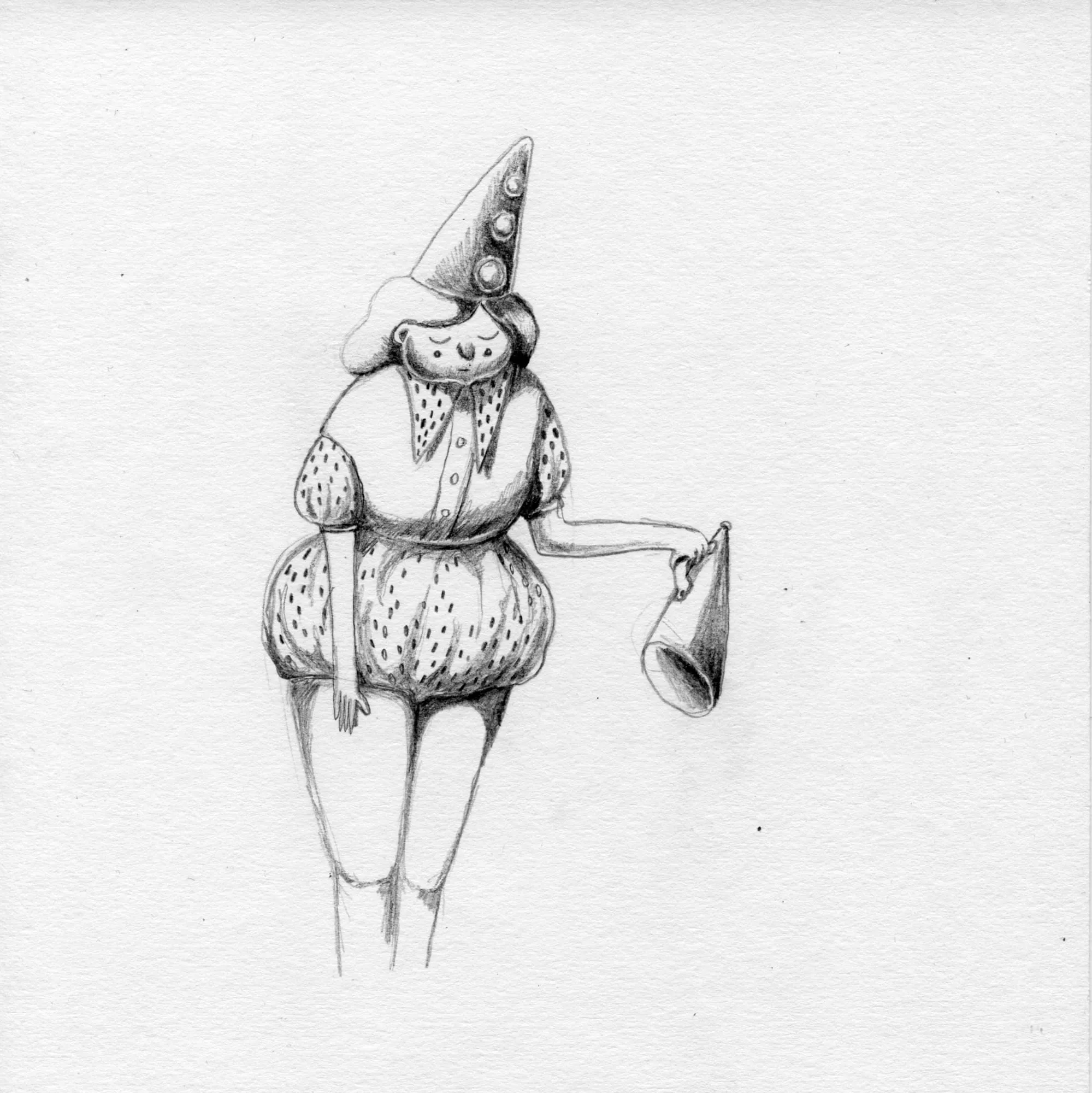 Pencil study of a woman in a tall cone hat and puffed sleeves, a megaphone hanging from her hand