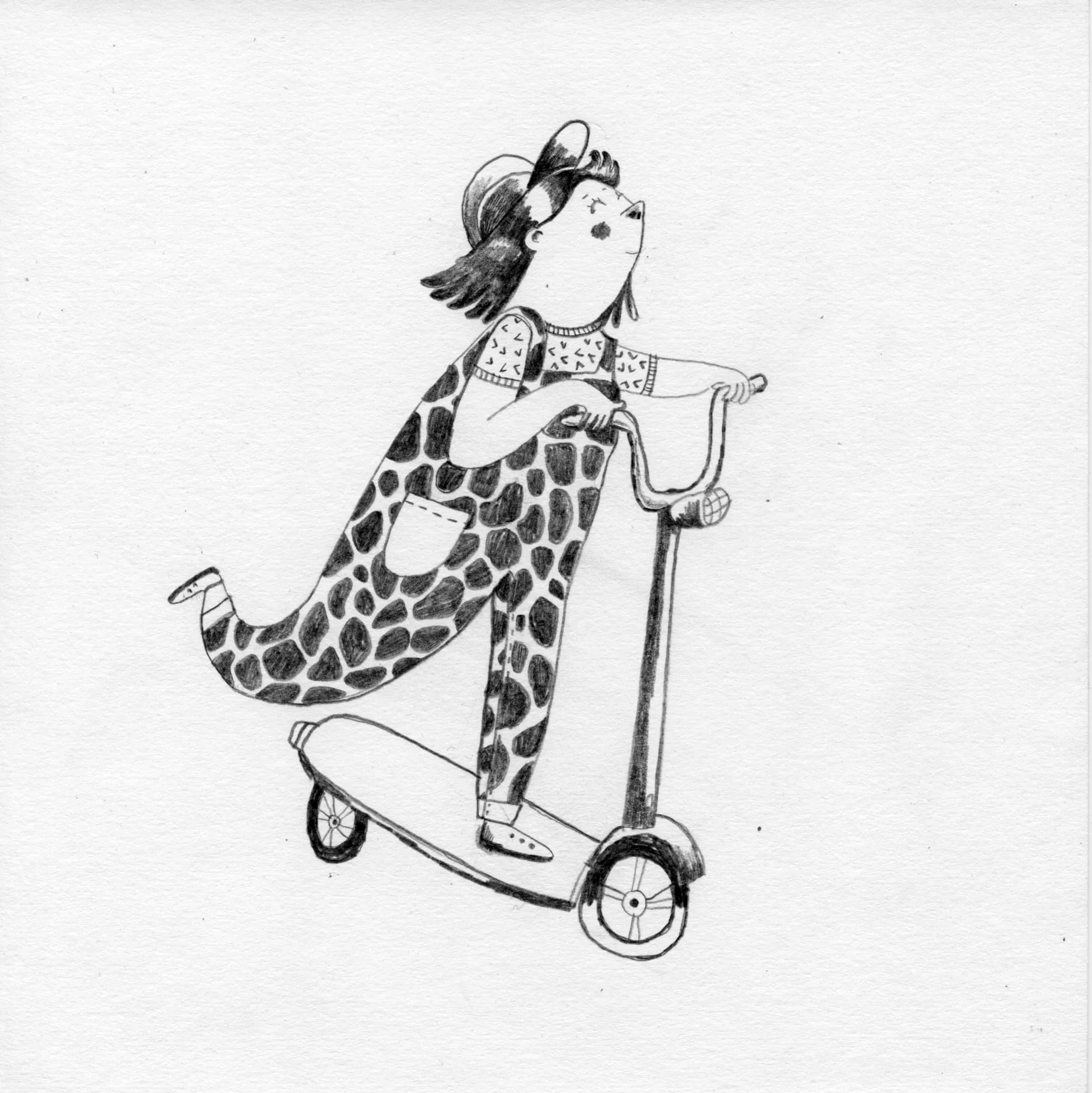 Woman in a leopard-print jumpsuit rides a kick scooter, chin lifted and scarf trailing behind