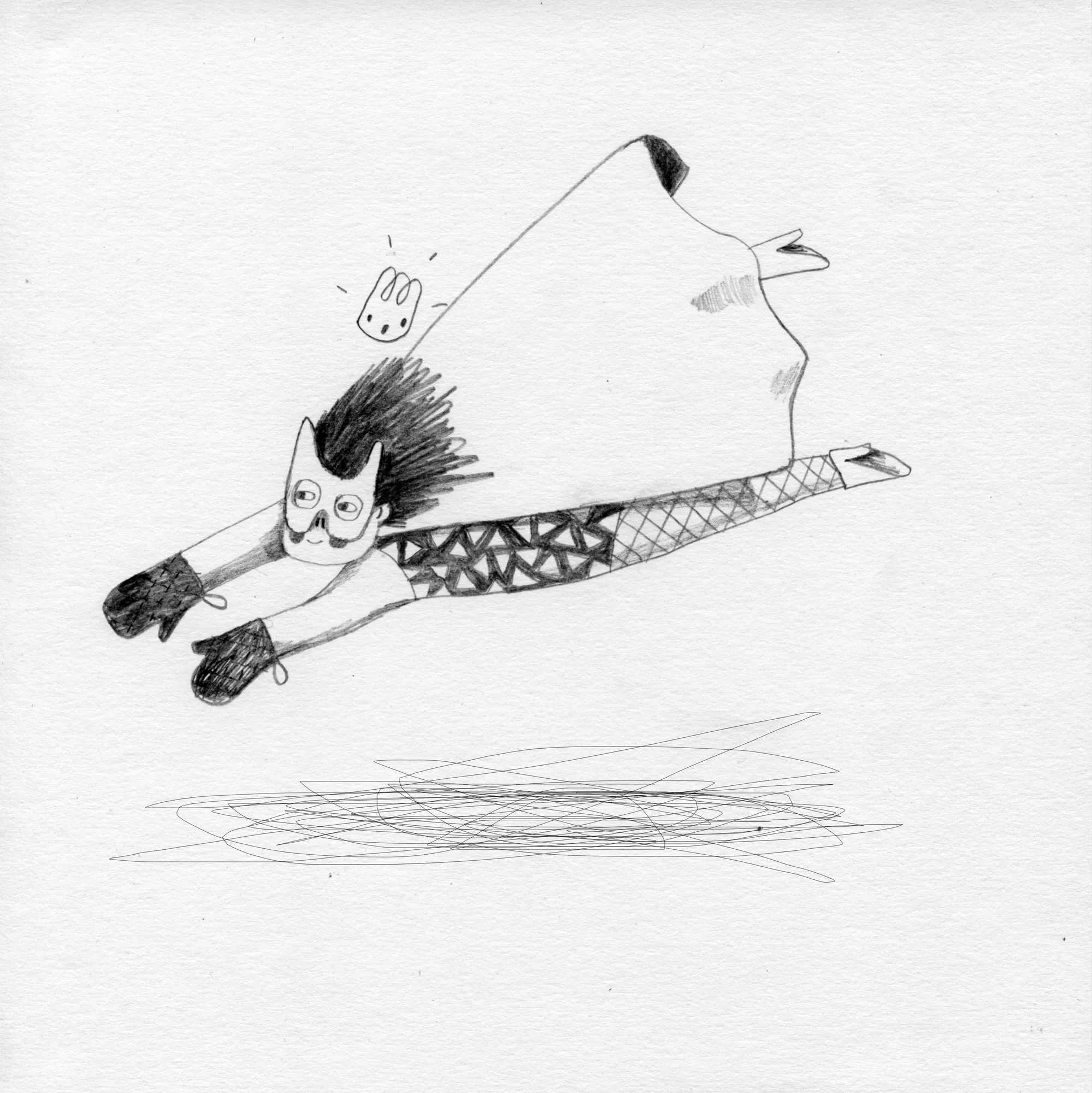 Masked woman in a cape and patterned tights flies horizontally above a scribbled shadow
