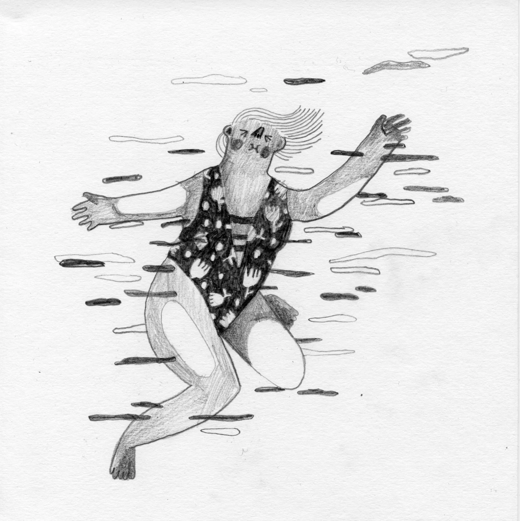 Woman in a spotted swimsuit floats on her back, arms outstretched, among dashes of water