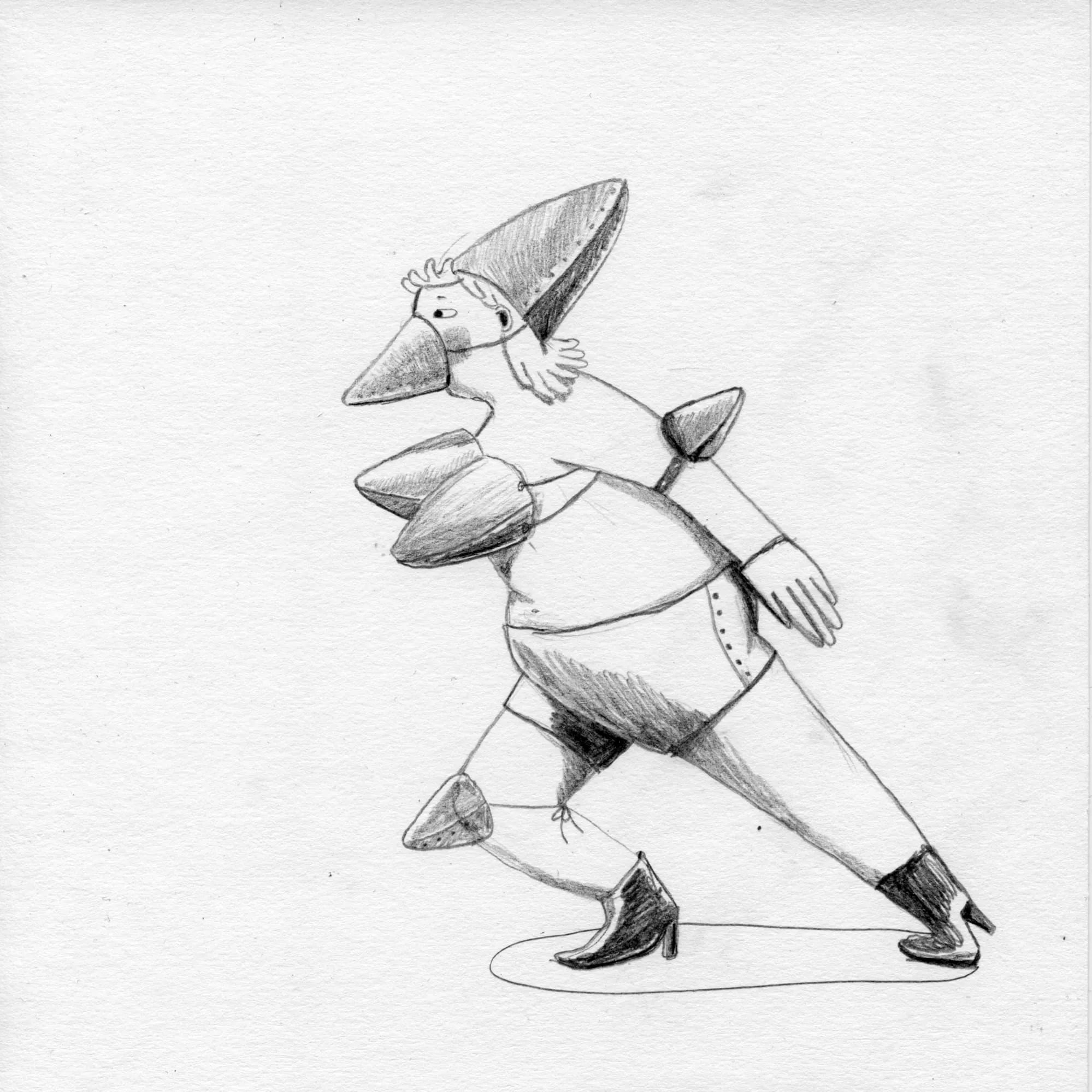 Long-nosed figure strides along in stiletto heels, a tall cone hat and a pointed cone bodice