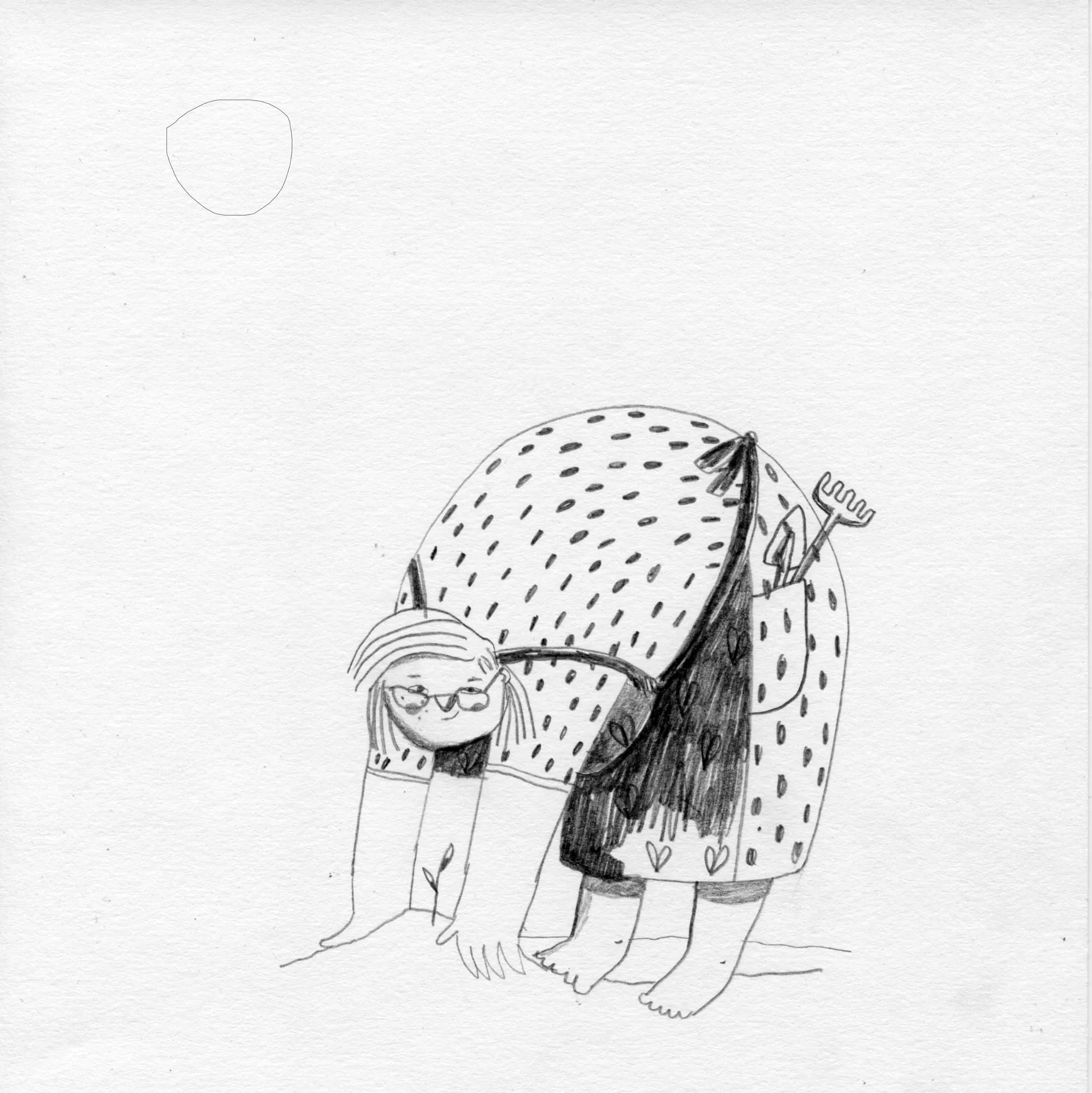Gardener in glasses and a headscarf bent double over her weeding, a rake tucked into her apron